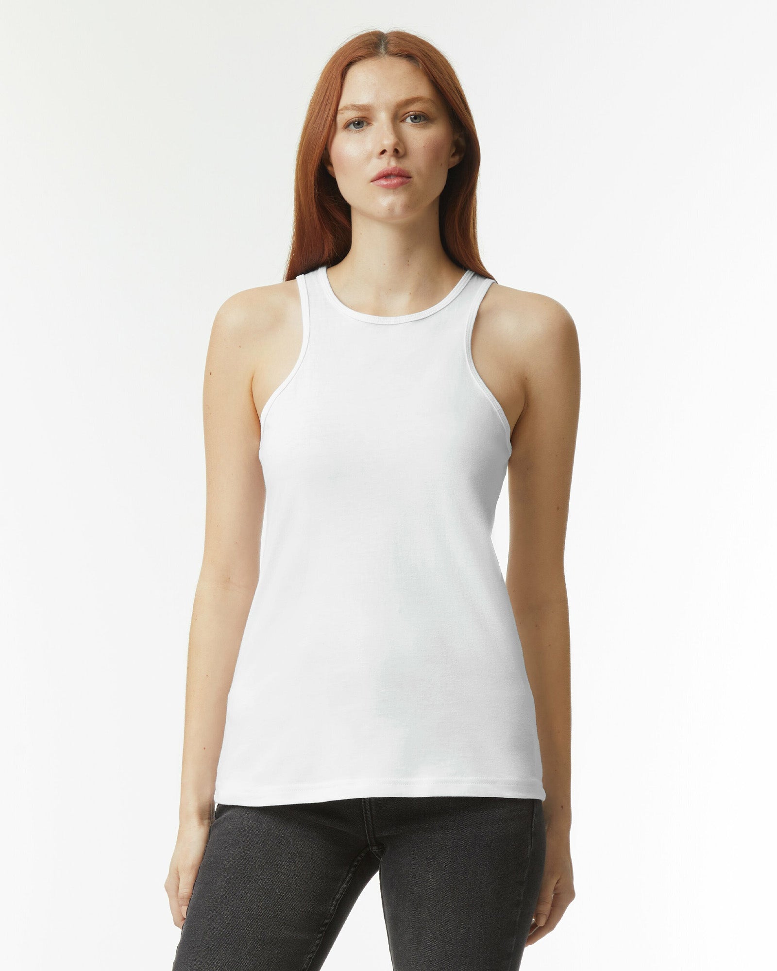 Female model wearing white CVC Women's Racerneck Tank Top (front pose) -white