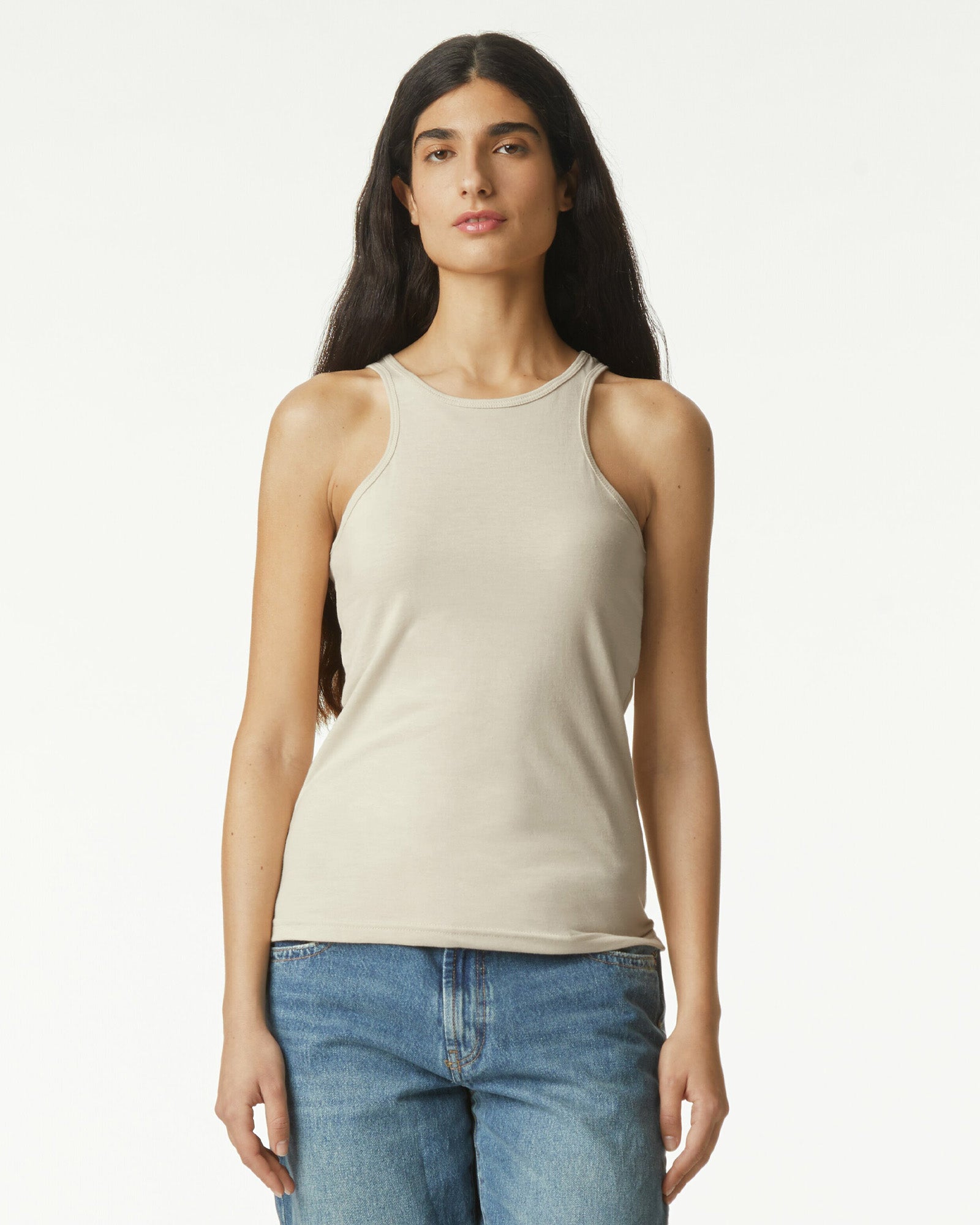 Female model wearing heather bone colour CVC Women's Racerneck Tank Top (front pose) -heather bone