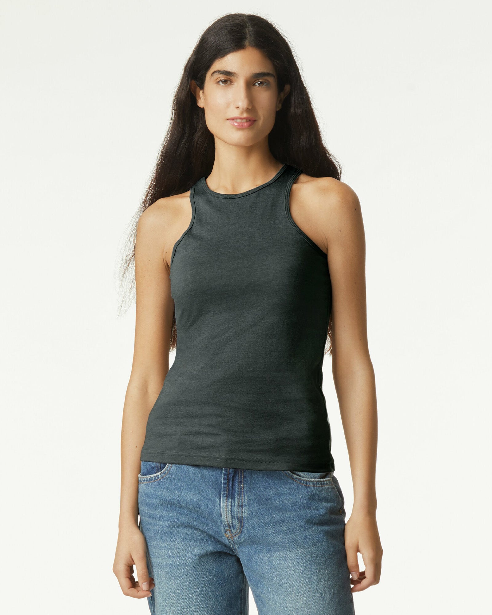 Female model wearing charcoal colour CVC Women's Racerneck Tank Top- front pose