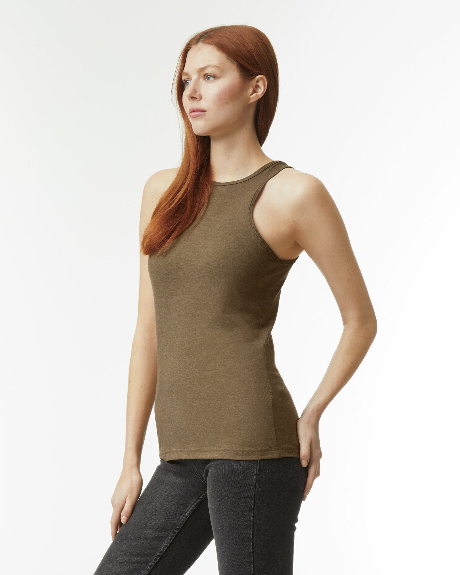Female model wearing heather army colour CVC Women's Racerneck Tank Top (side pose) -heather army