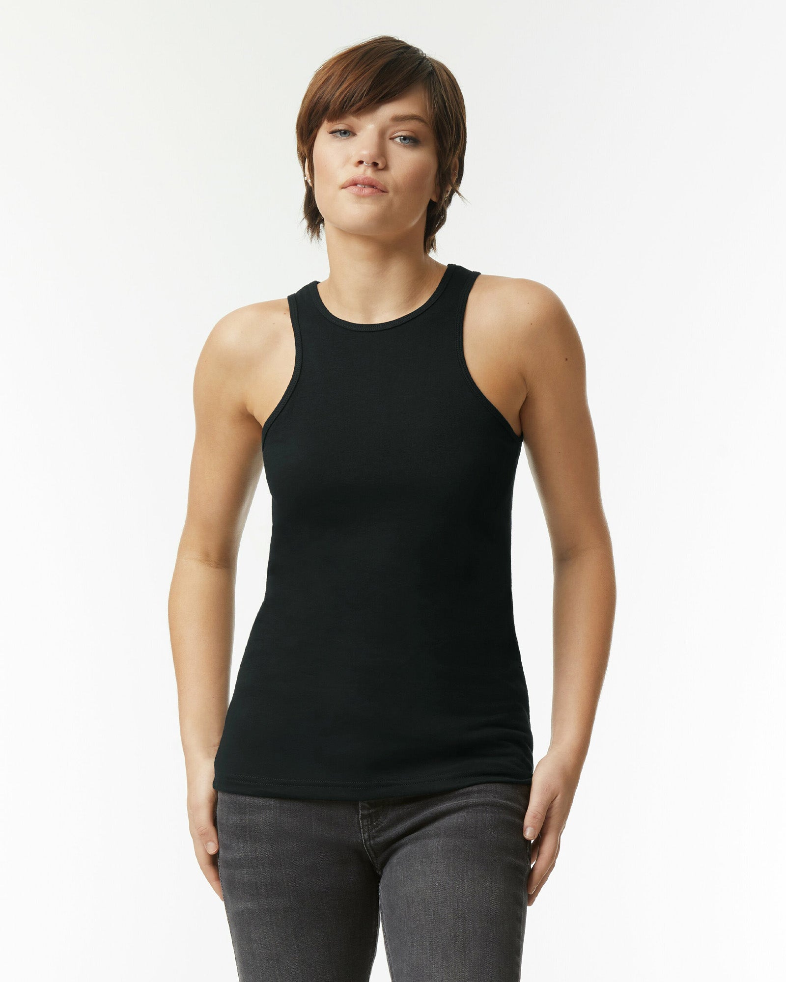 Female model wearing black colour CVC Women's Racerneck Tank Top (front pose) -black