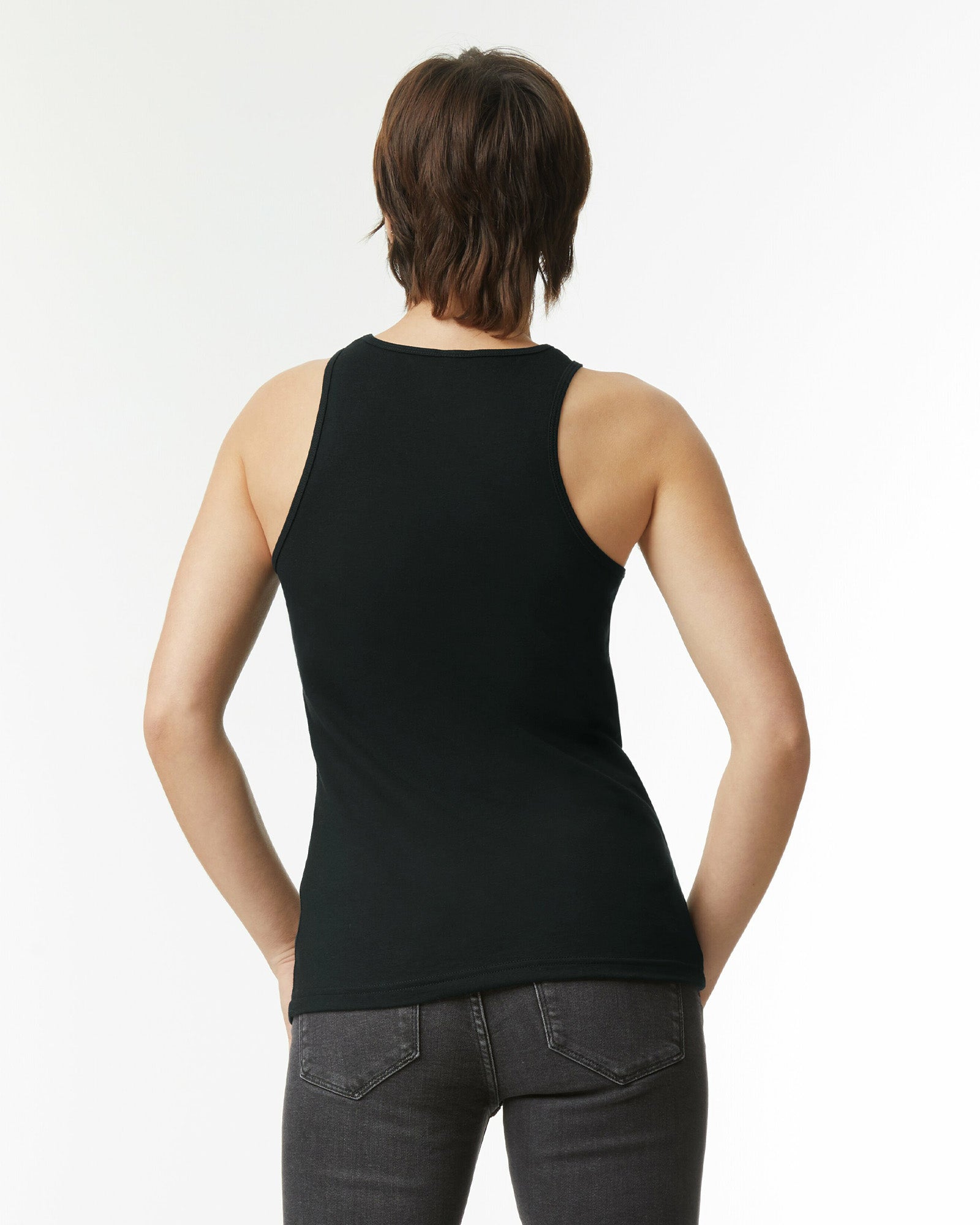 Female model wearing black colour CVC Women's Racerneck Tank Top (back pose) -black