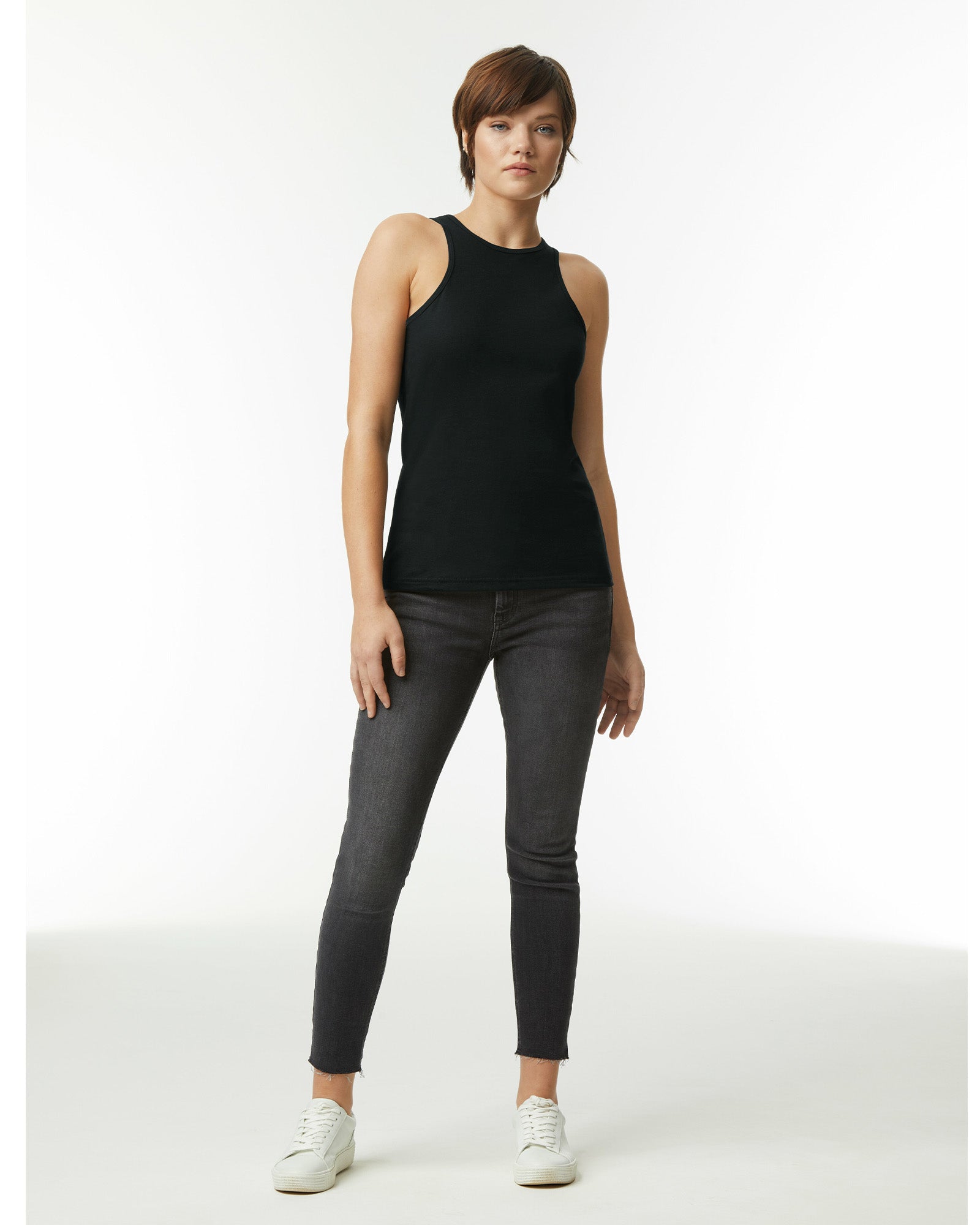 Female model wearing charcoal colour CVC Women's Racerneck Tank Top (front pose) -charcoal