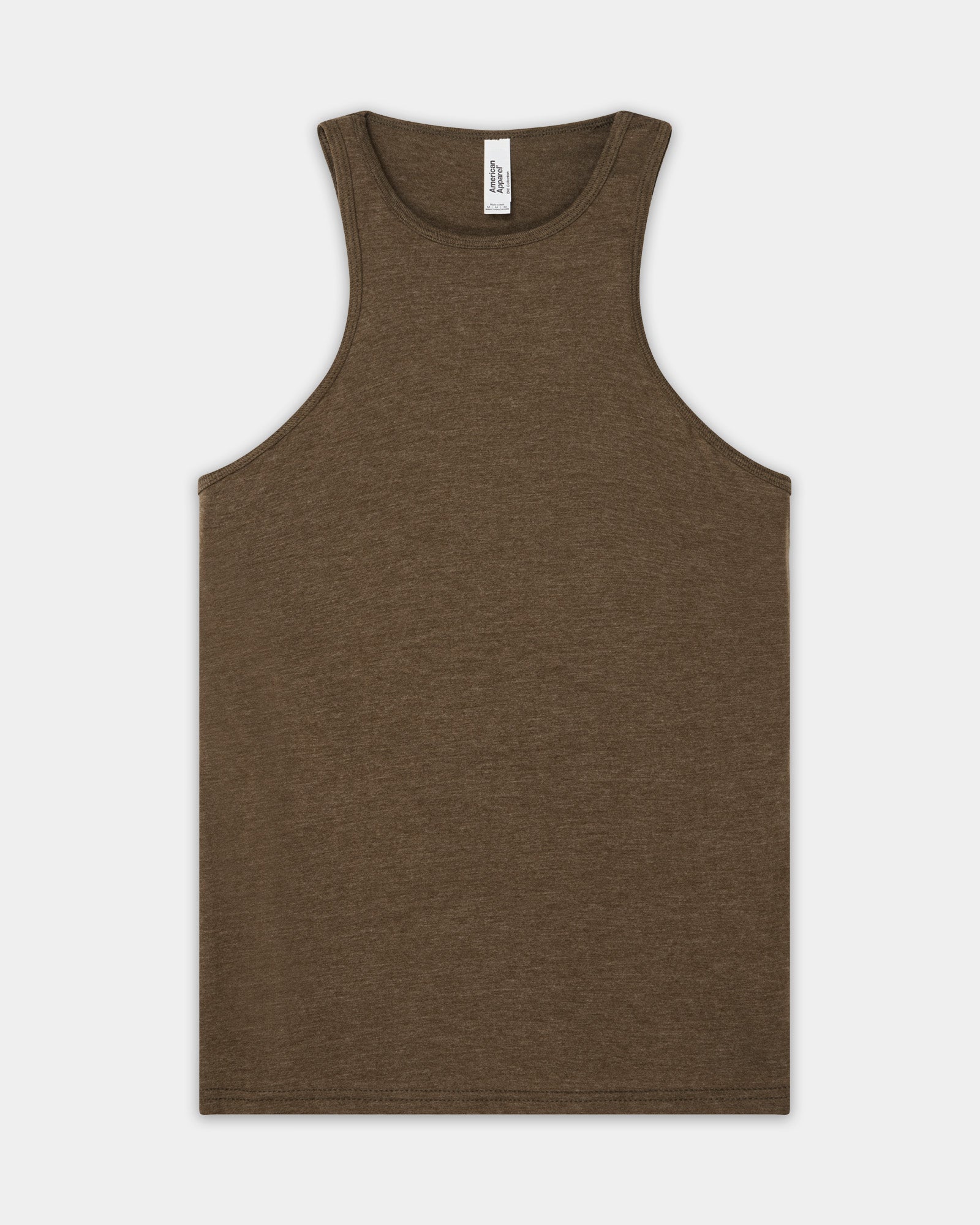Flat lay of a American Apparel Racerneck tank top on a light background, showing the classic high neckline and sleeveless cut - Heather Army