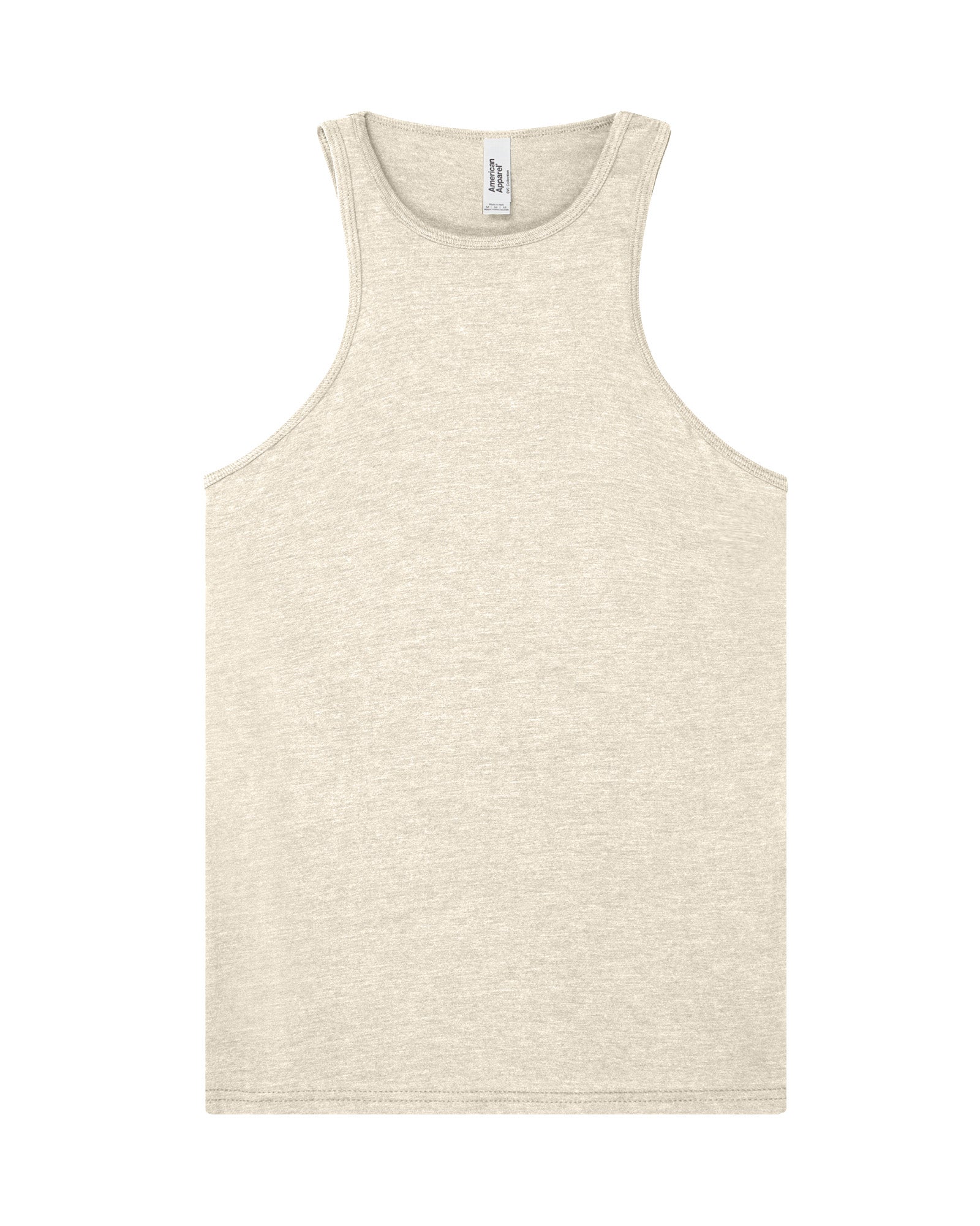 Flat lay of a American Apparel Racerneck tank top on a light background, showing the classic high neckline and sleeveless cut - Heather Bone
