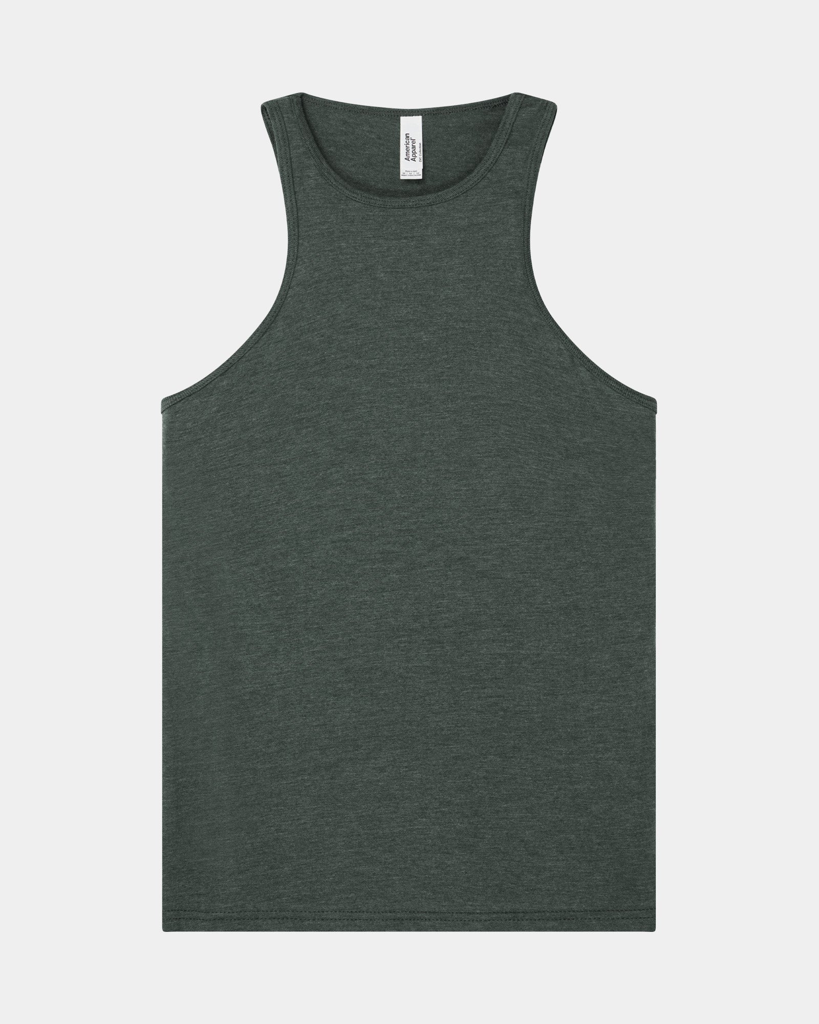 Flat lay of a American Apparel Racerneck tank top on a light background, showing the classic high neckline and sleeveless cut - Heather Charcoal