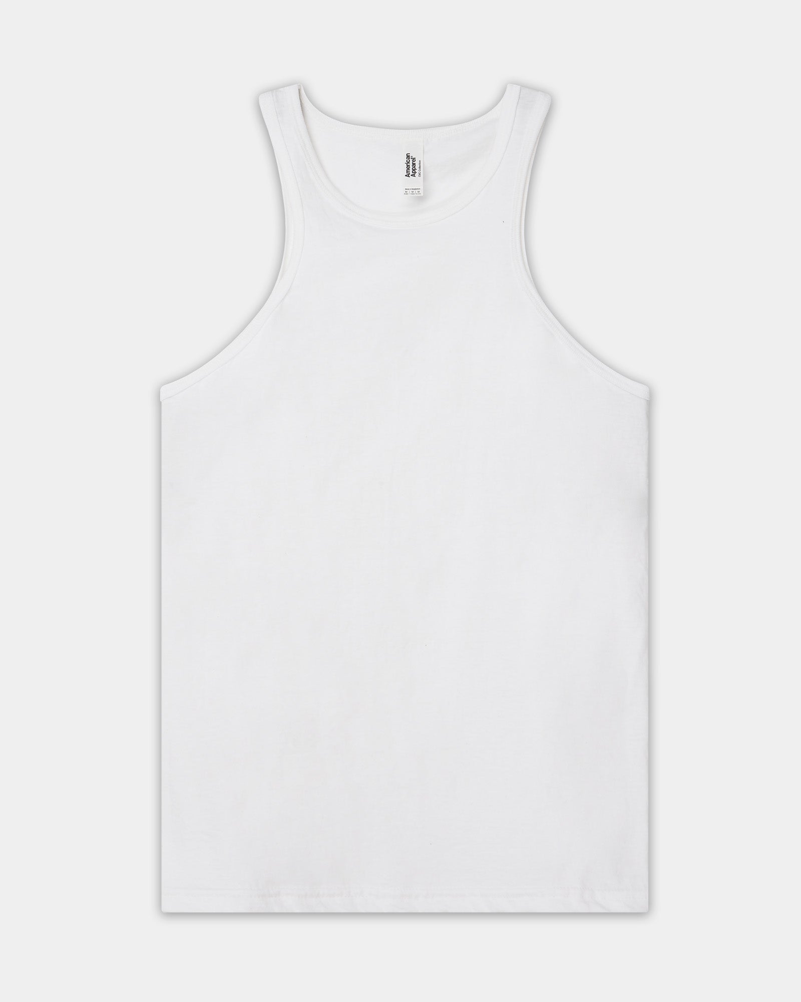 Flat lay of a American Apparel Racerneck tank top on a light background, showing the classic high neckline and sleeveless cut - white