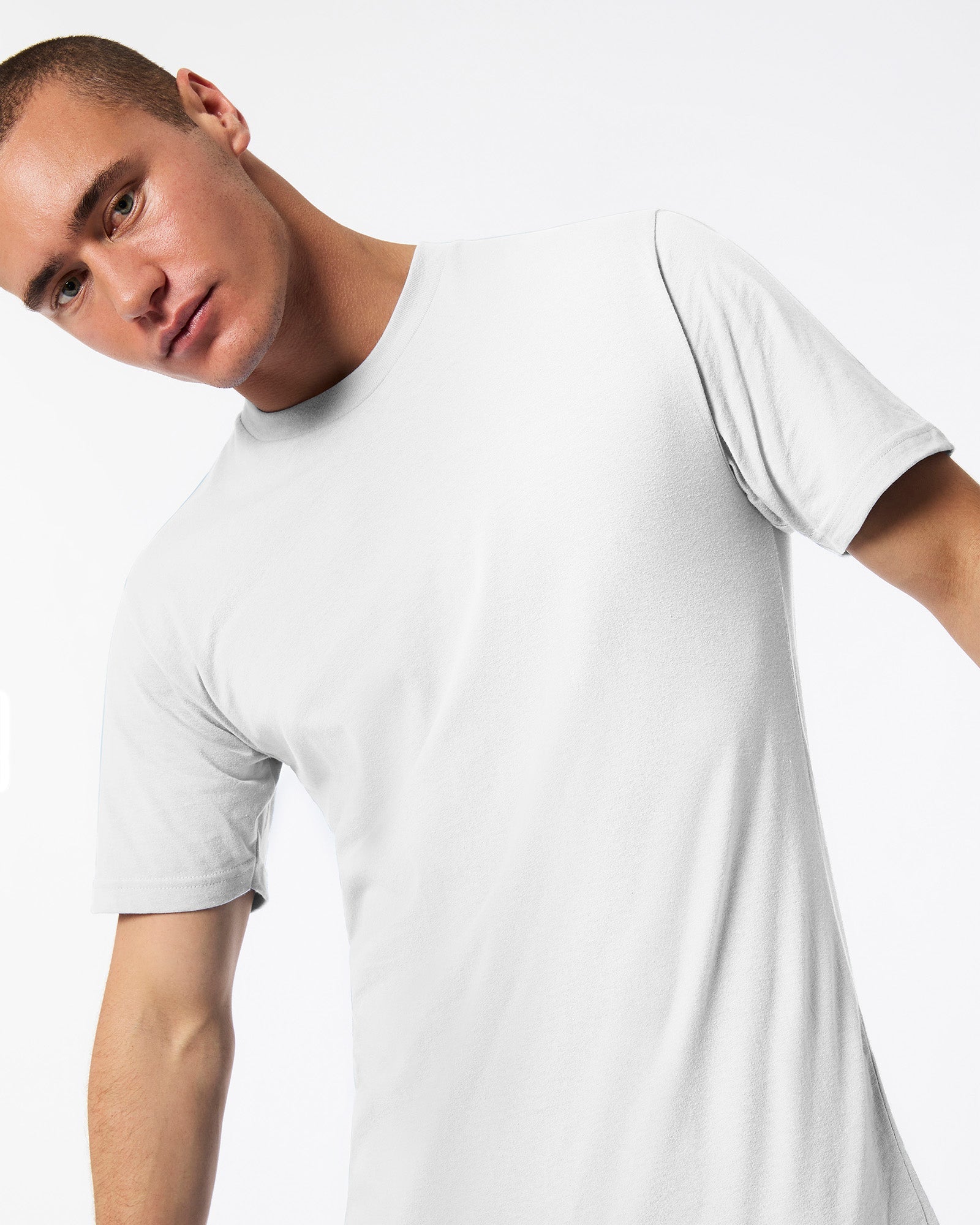 male model wearing white Fine Jersey Unisex Crew Neck Tee (front pose) -white