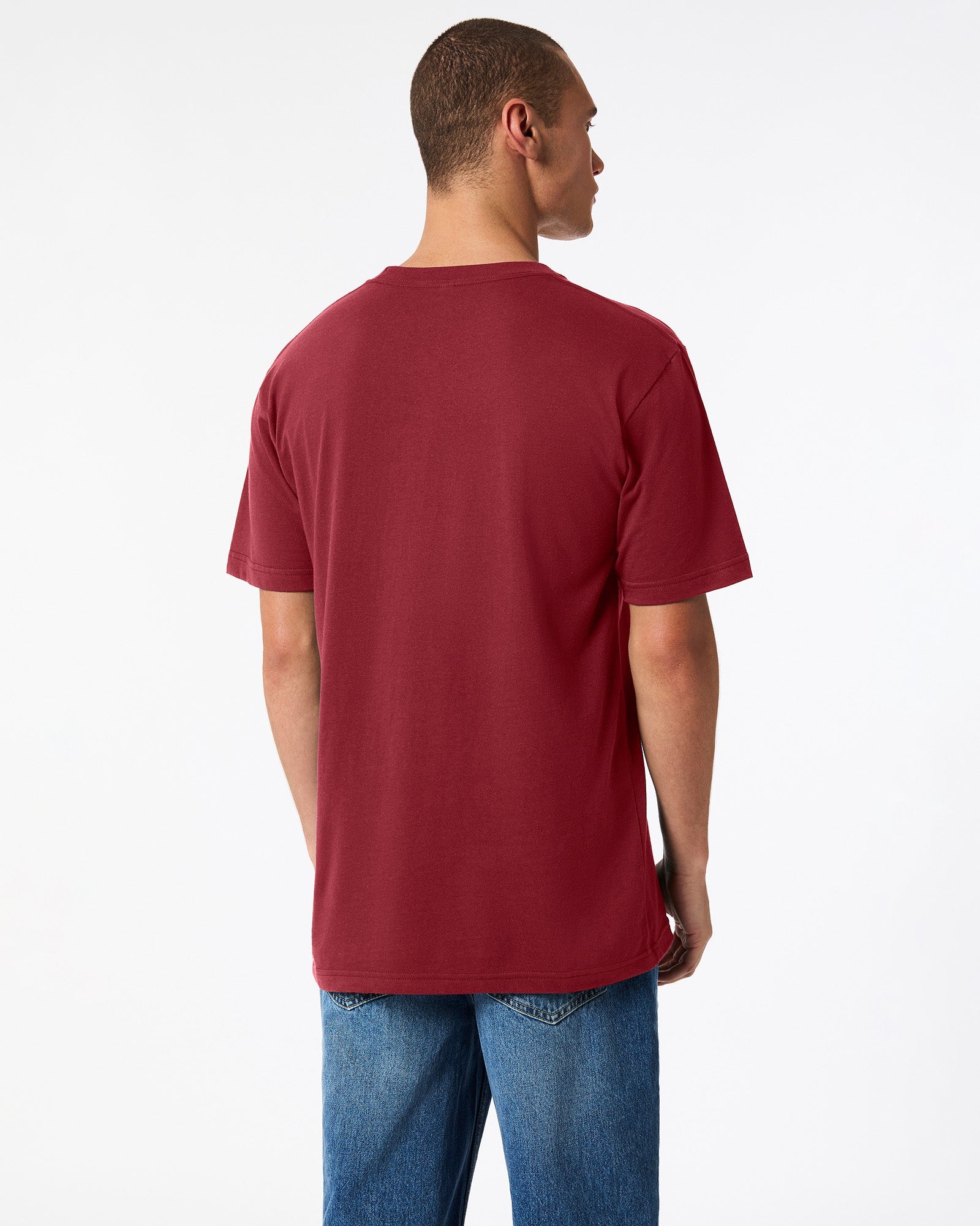 Male mode wearing cranberry colour American Apparel Fine jersey Unisex Short Sleeve Crew Neck Tee (back pose) -cranberry