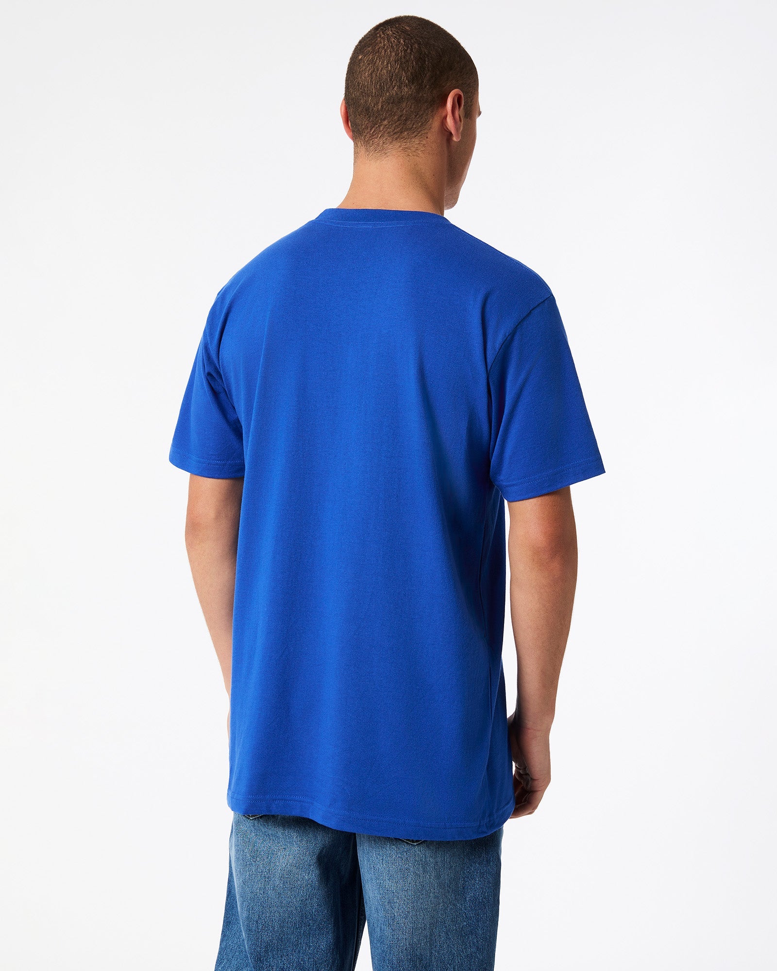 Male model wearing American Apparel Powder Royal Blue Colour Fine Jersey Unisex Short Sleeve Crew Neck Tee (back pose) -royal blue