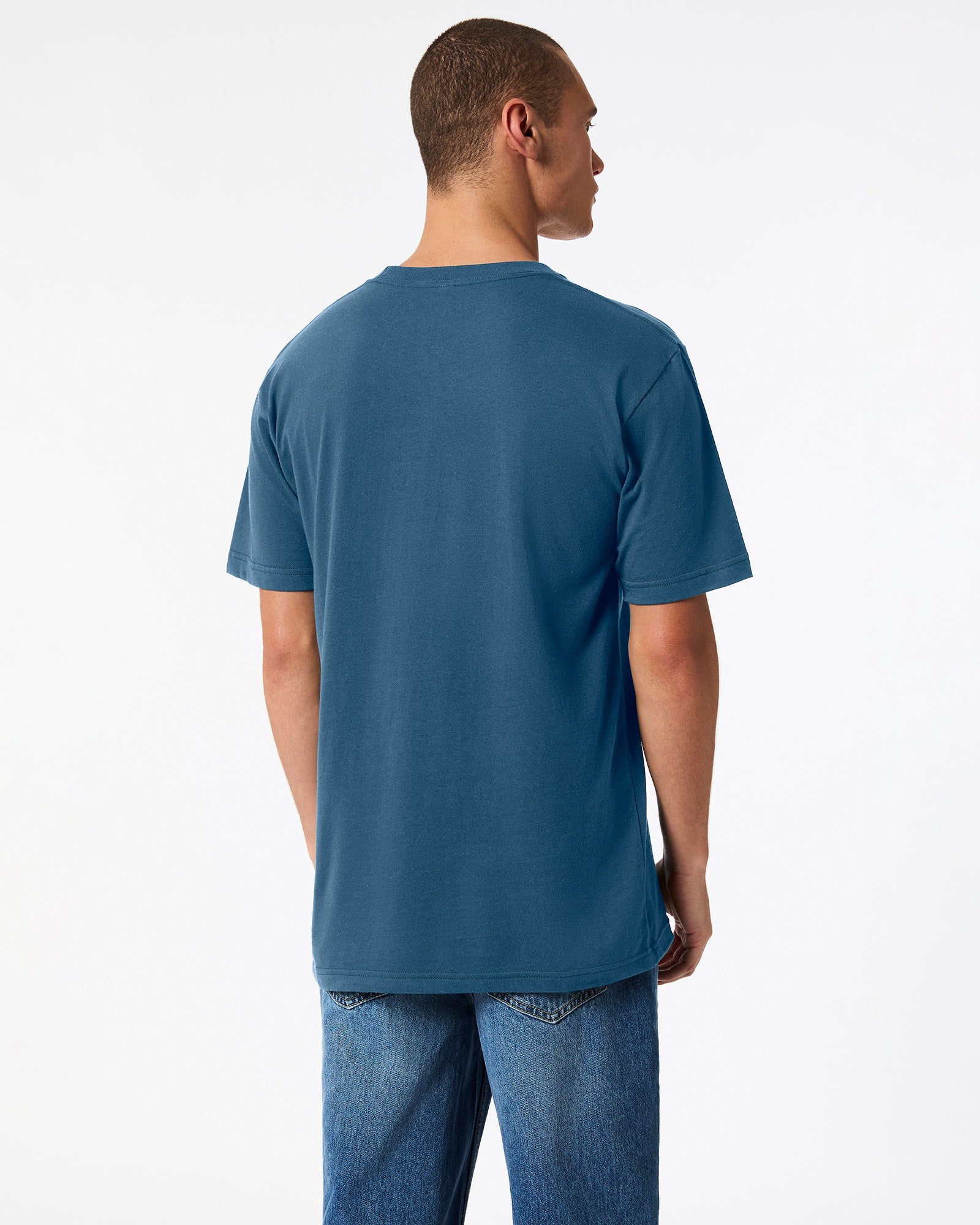 Male model wearing American Apparel Powder sea Blue Colour Fine Jersey Unisex Short Sleeve Crew Neck Tee (back pose) -sea blue