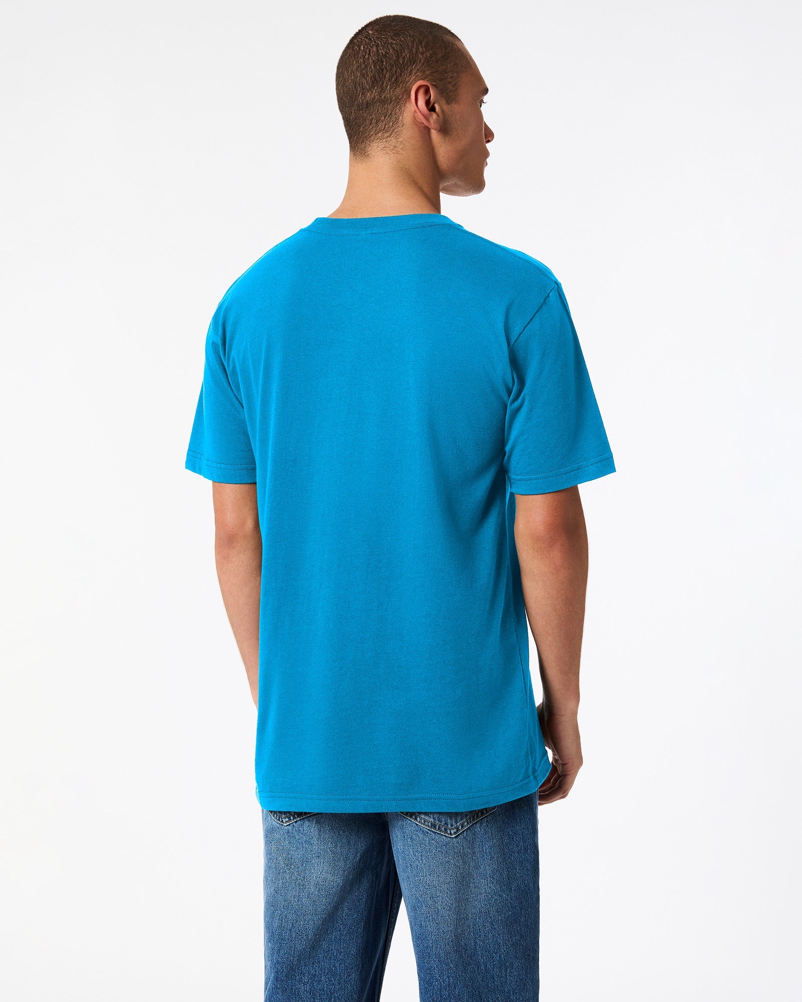 Male model wearing American Apparel Powder teal Colour Fine Jersey Unisex Short Sleeve Crew Neck Tee (back pose) -teal