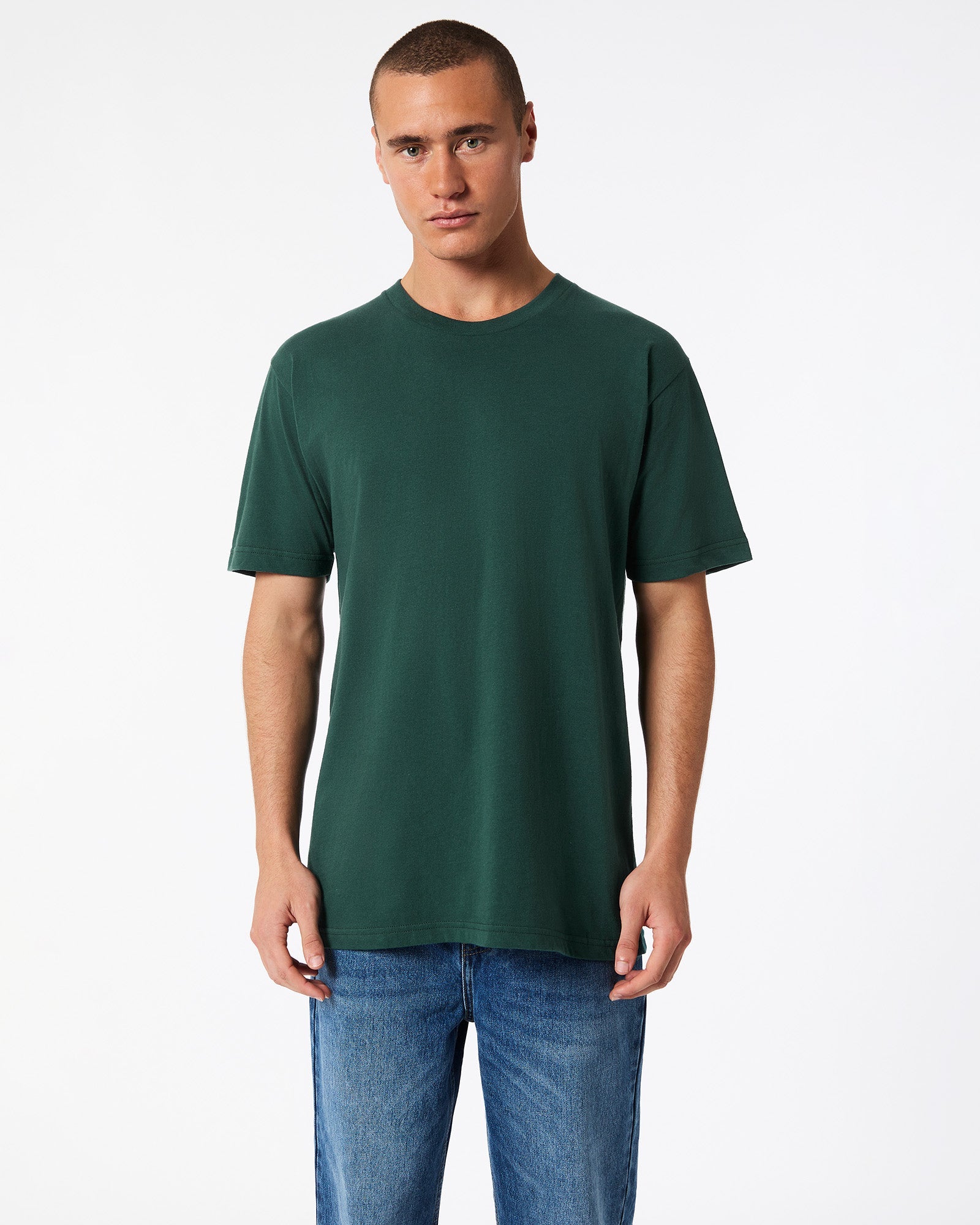 Male mode wearing forest colour American Apparel Fine jersey Unisex Short Sleeve Crew Neck Tee (Front pose) -forest