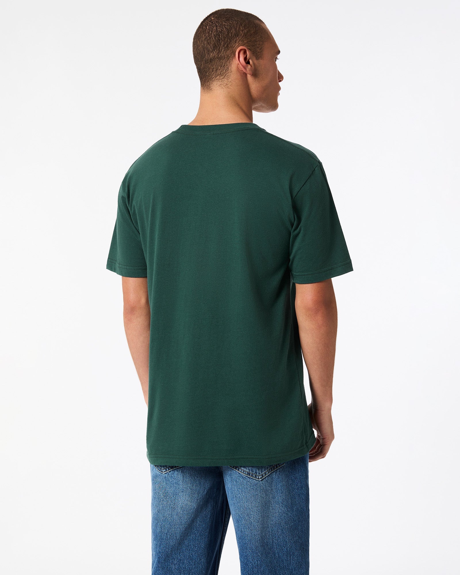 Male mode wearing forest colour American Apparel Fine jersey Unisex Short Sleeve Crew Neck Tee (back pose) -forest