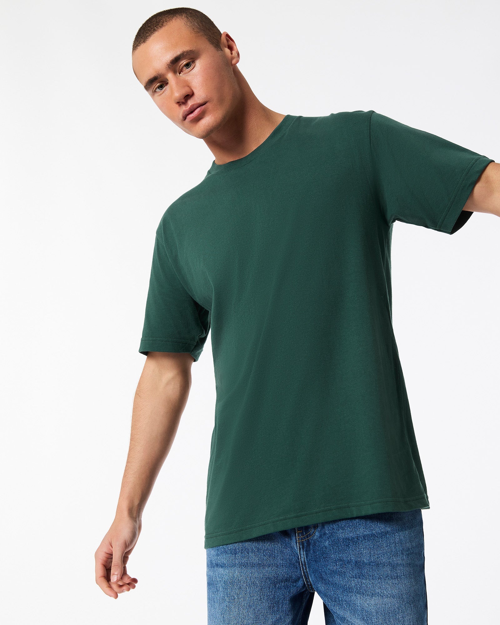 Male mode wearing forest colour American Apparel Fine jersey Unisex Short Sleeve Crew Neck Tee (Front pose) -forest