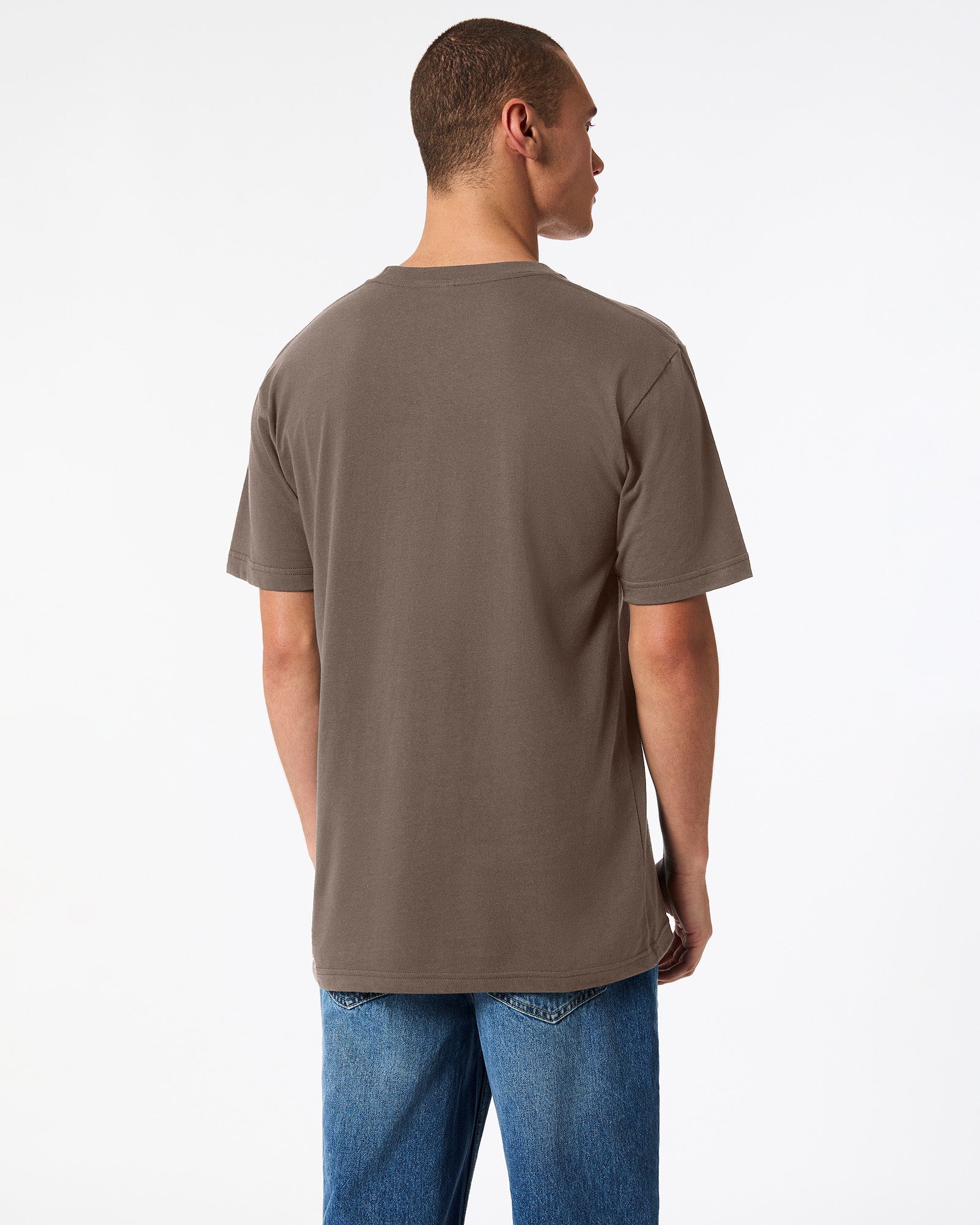 Fine Jersey Male mode wearing brown colour American Apparel Unisex Short Sleeve Crew Neck Tee (back pose) -brown