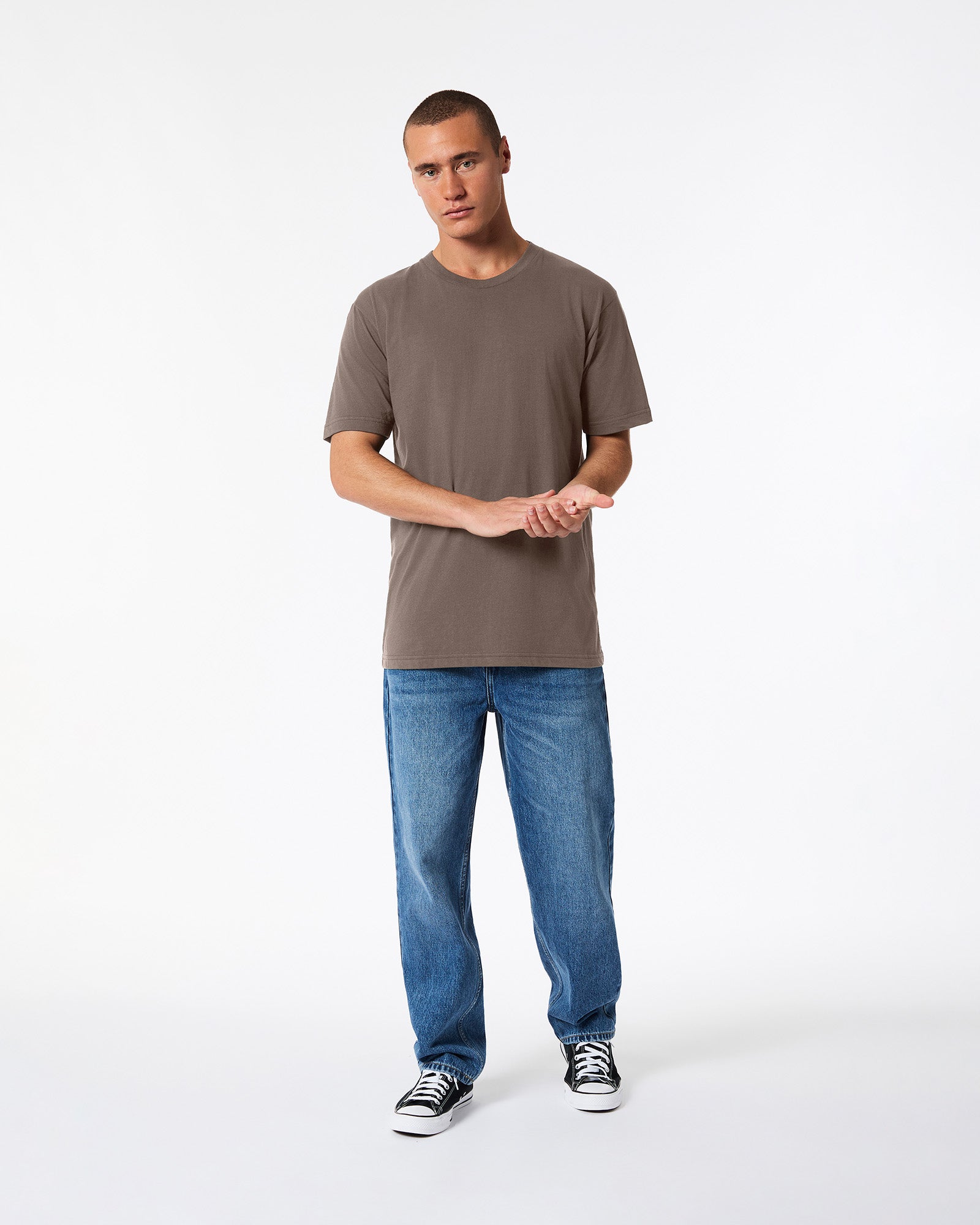 Fine Jersey Male mode wearing brown colour American Apparel Unisex Short Sleeve Crew Neck Tee (front pose) -brown