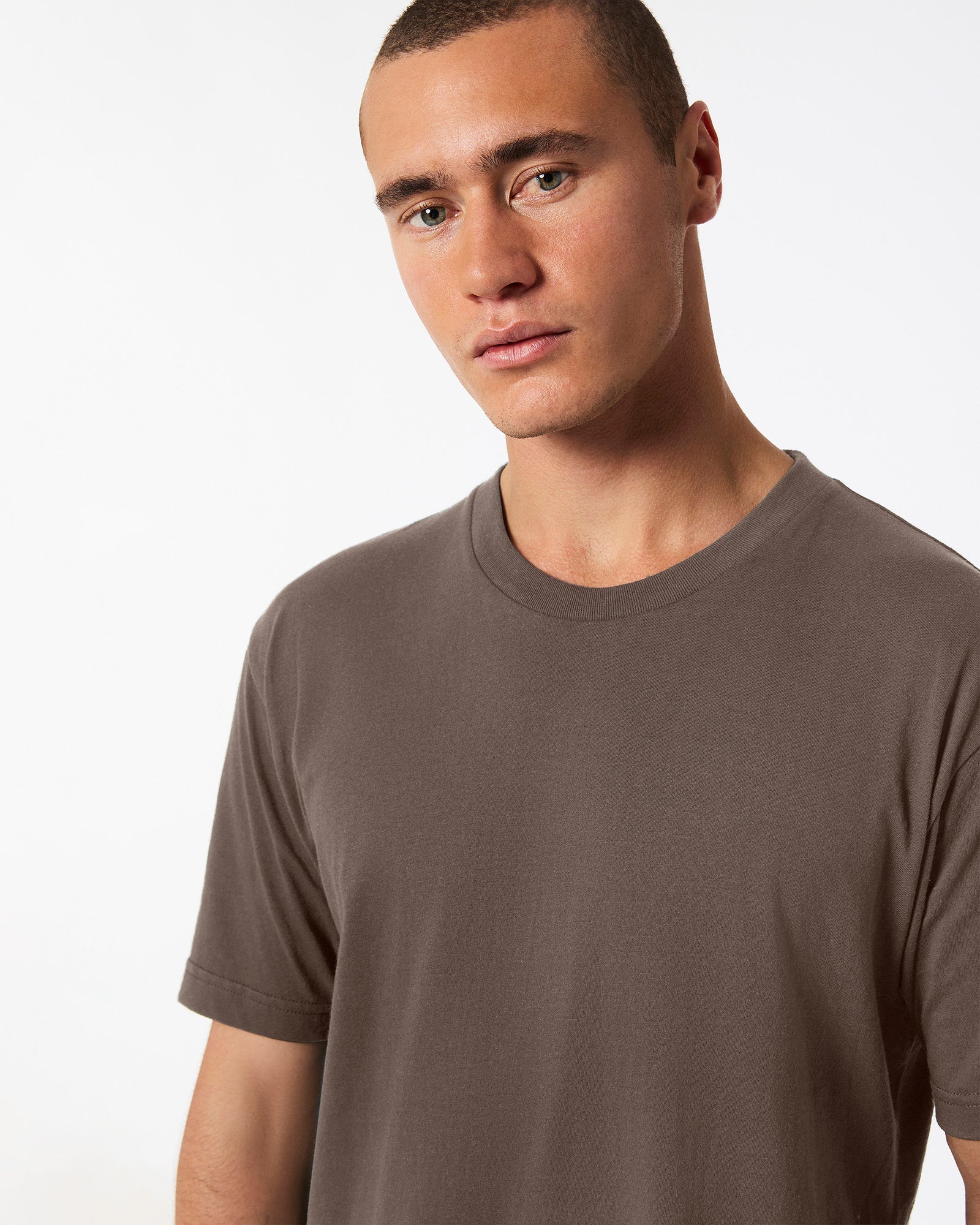 Fine Jersey Male mode wearing brown colour American Apparel Unisex Short Sleeve Crew Neck Tee (half Front pose) -brown