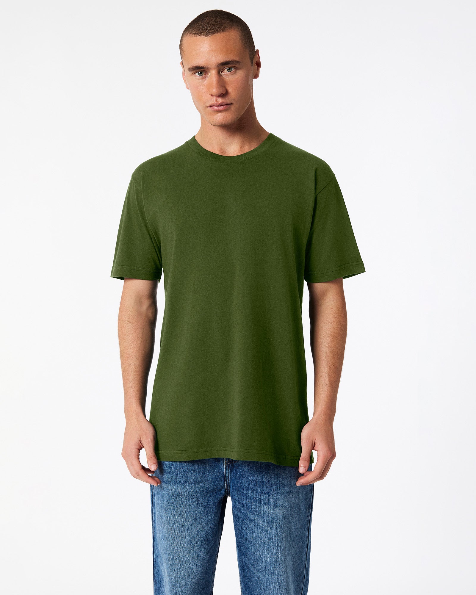male model wearing olive colour Fine Jersey Unisex Crew Neck Tee (front pose) -olive
