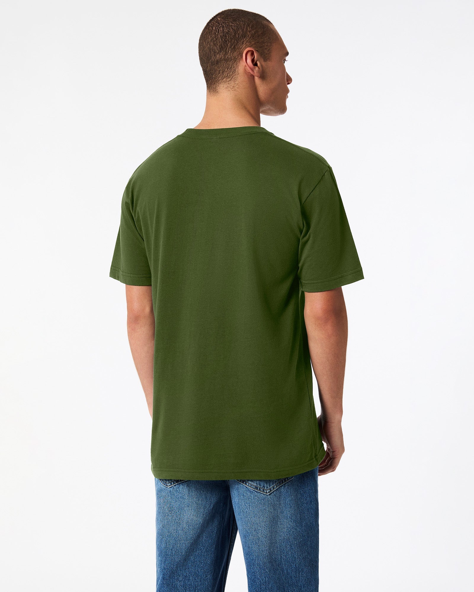 male model wearing olive colour Fine Jersey Unisex Crew Neck Tee (back pose) -olive