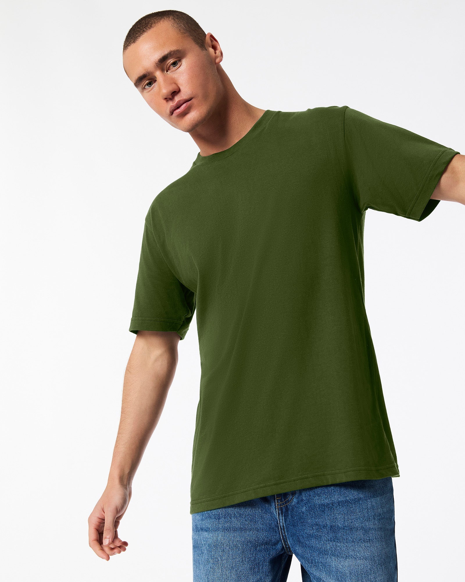 male model wearing olive colour Fine Jersey Unisex Crew Neck Tee (front pose) -olive