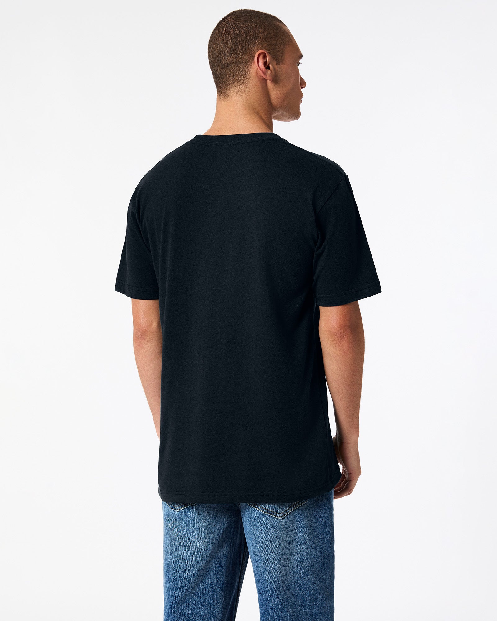 Fine Jersey Male mode wearing black colour American Apparel Unisex Short Sleeve Crew Neck Tee (back pose) -black