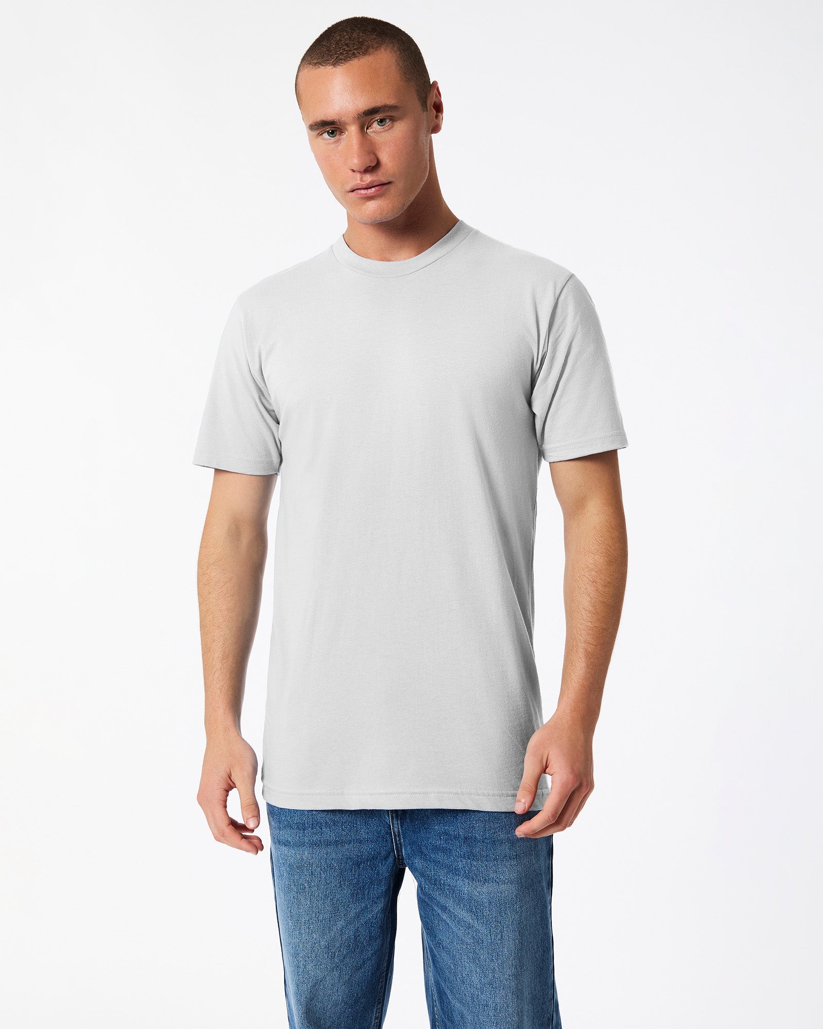 male model wearing new silver colour Fine Jersey Unisex Crew Neck Tee (front pose) -new silver