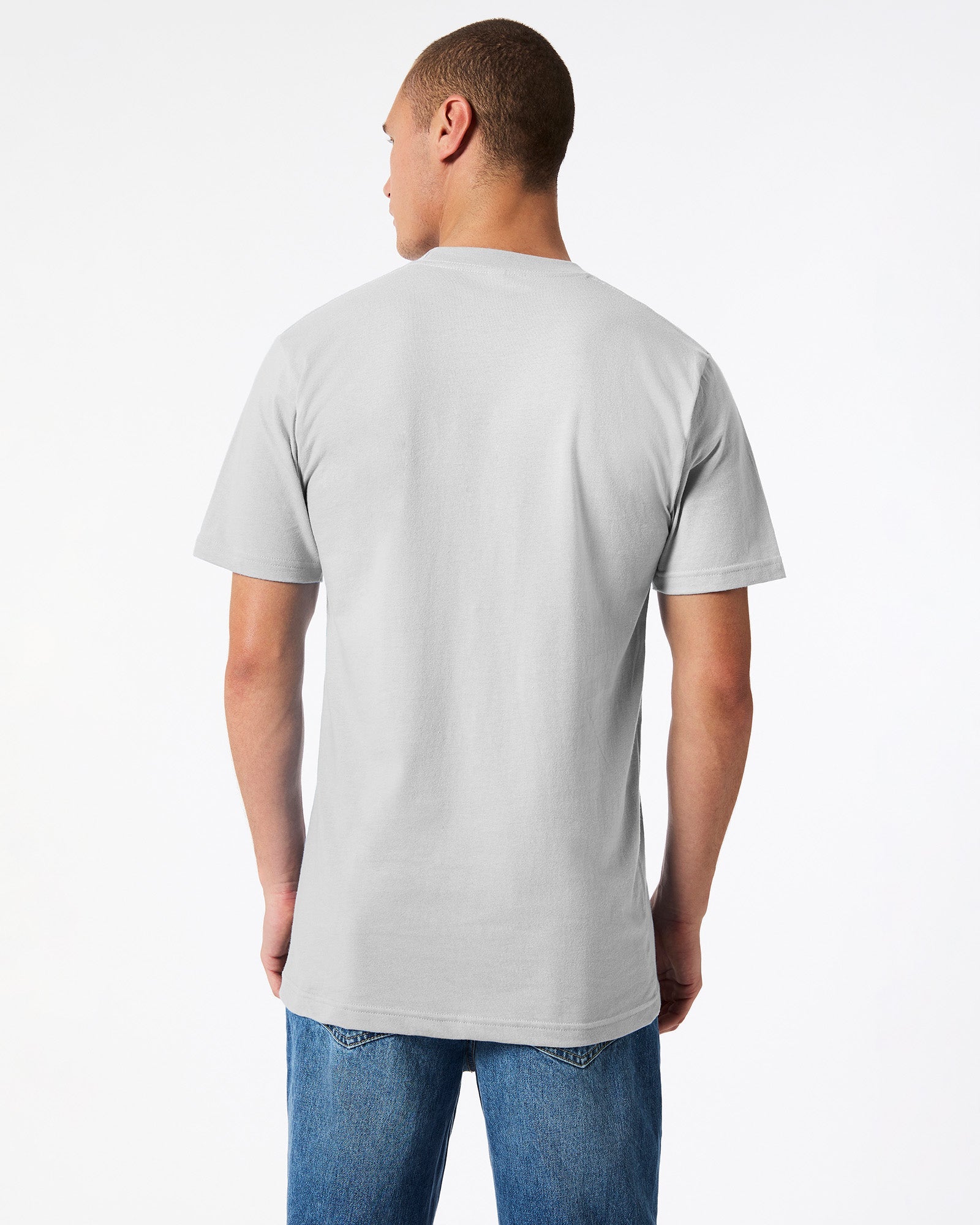 male model wearing new silver colour Fine Jersey Unisex Crew Neck Tee ( back pose) -new silver