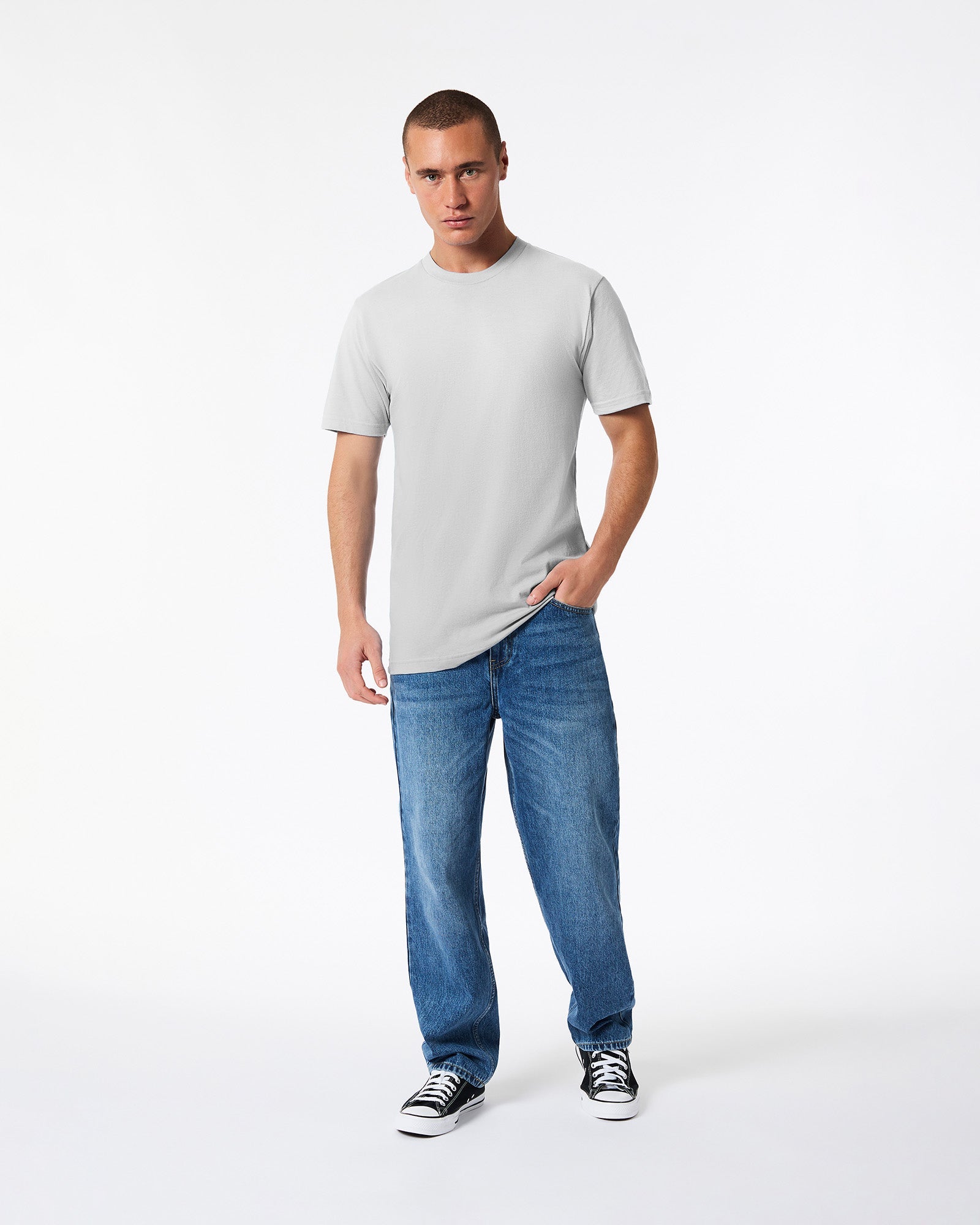 male model wearing new silver colour Fine Jersey Unisex Crew Neck Tee (hand in pocket pose) -new silver