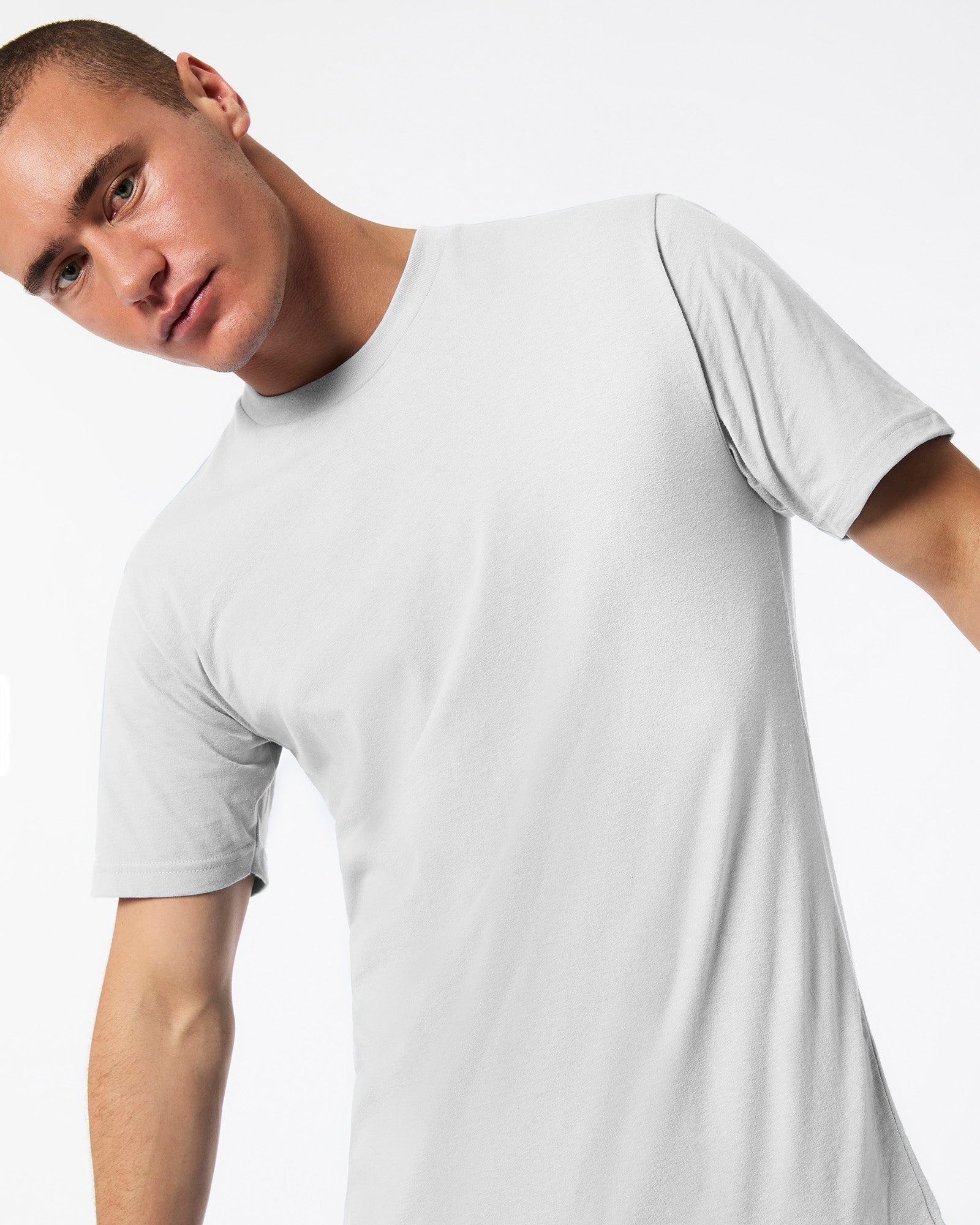 male model wearing new silver colour Fine Jersey Unisex Crew Neck Tee (front pose) -new silver