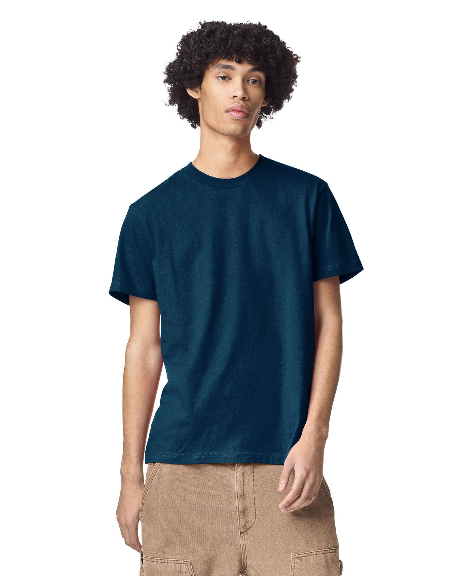 male model wearing Navy colour Fine Jersey Unisex Crew Neck Tee (front pose) -navy