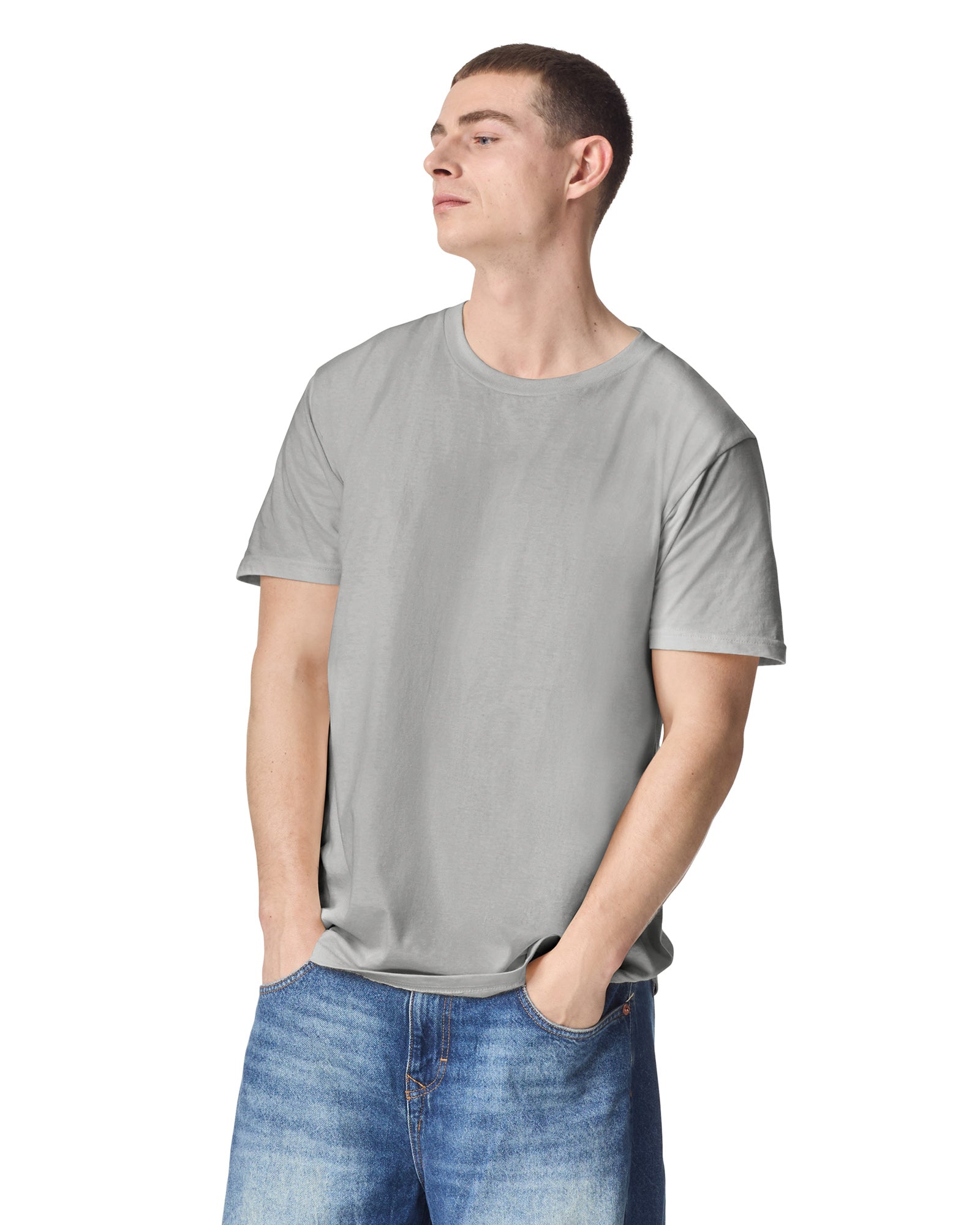 male model wearing new silver colour Fine Jersey Unisex Crew Neck Tee (front pose) -new silver
