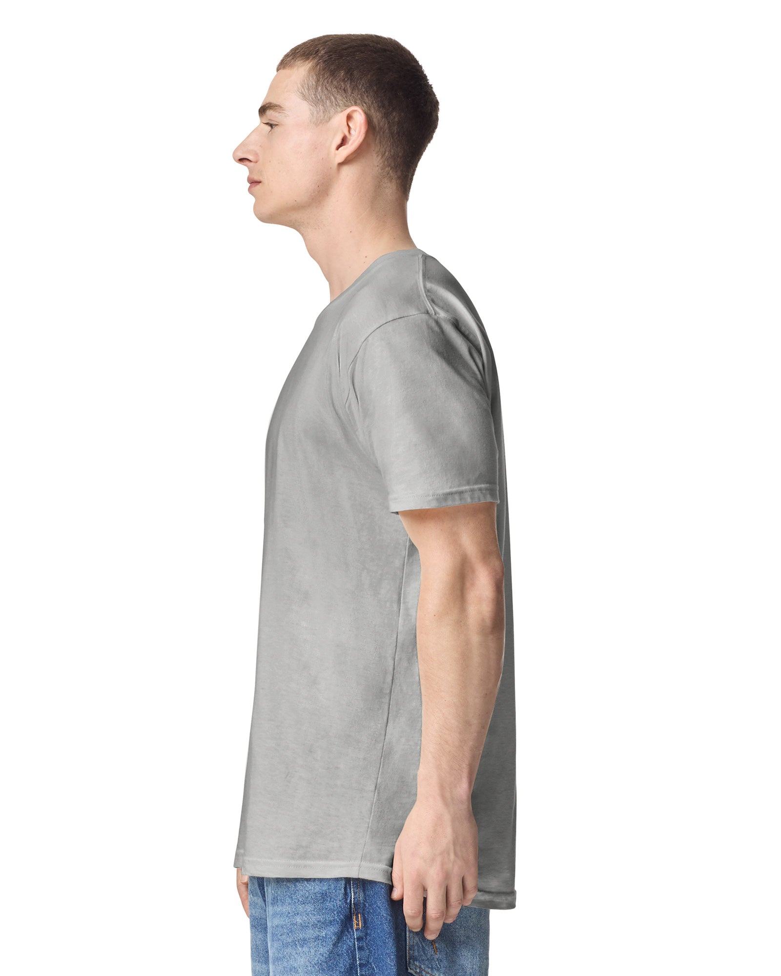 male model wearing new silver colour Fine Jersey Unisex Crew Neck Tee (side pose) -new silver