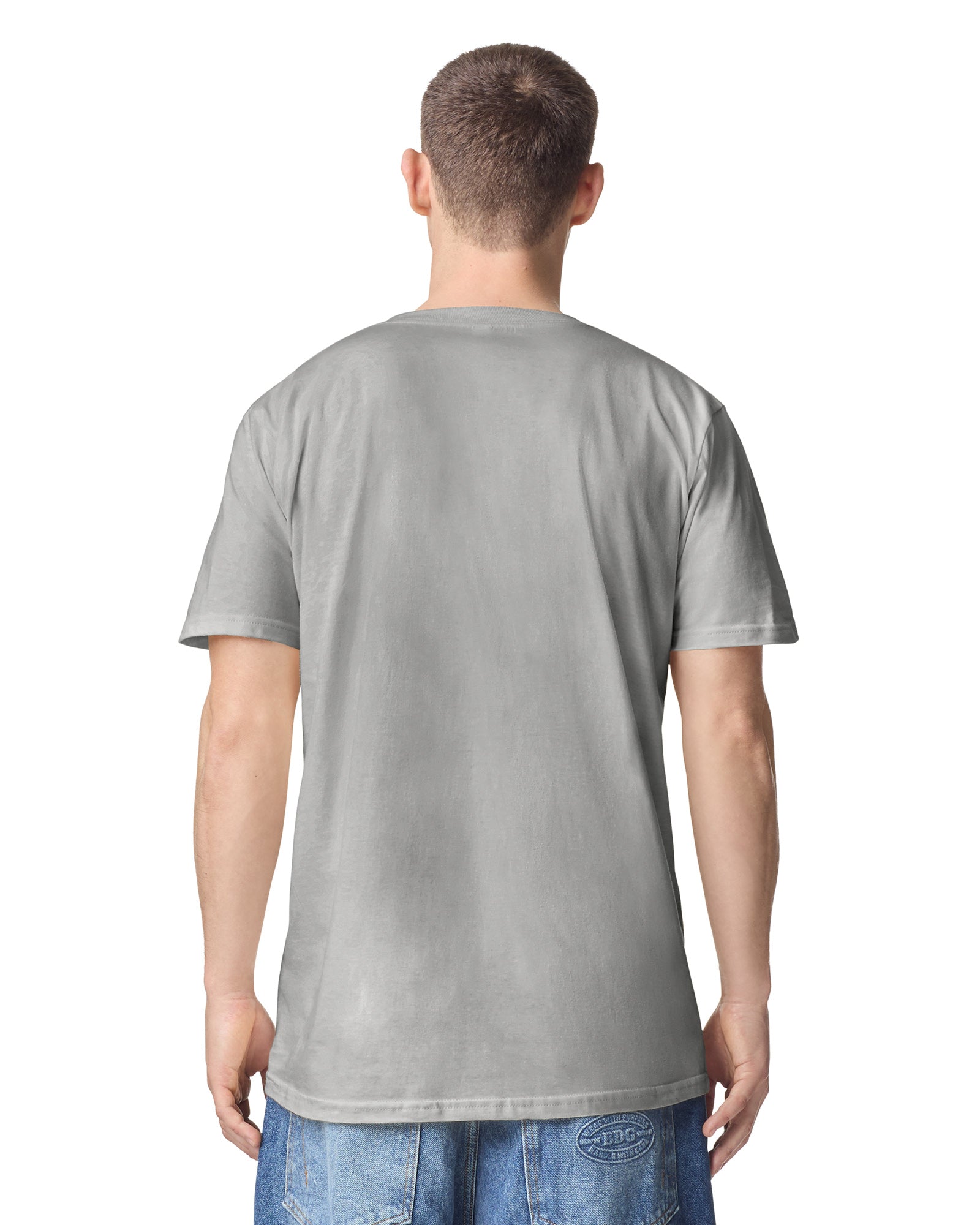 male model wearing new silver colour Fine Jersey Unisex Crew Neck Tee (back pose) -new silver