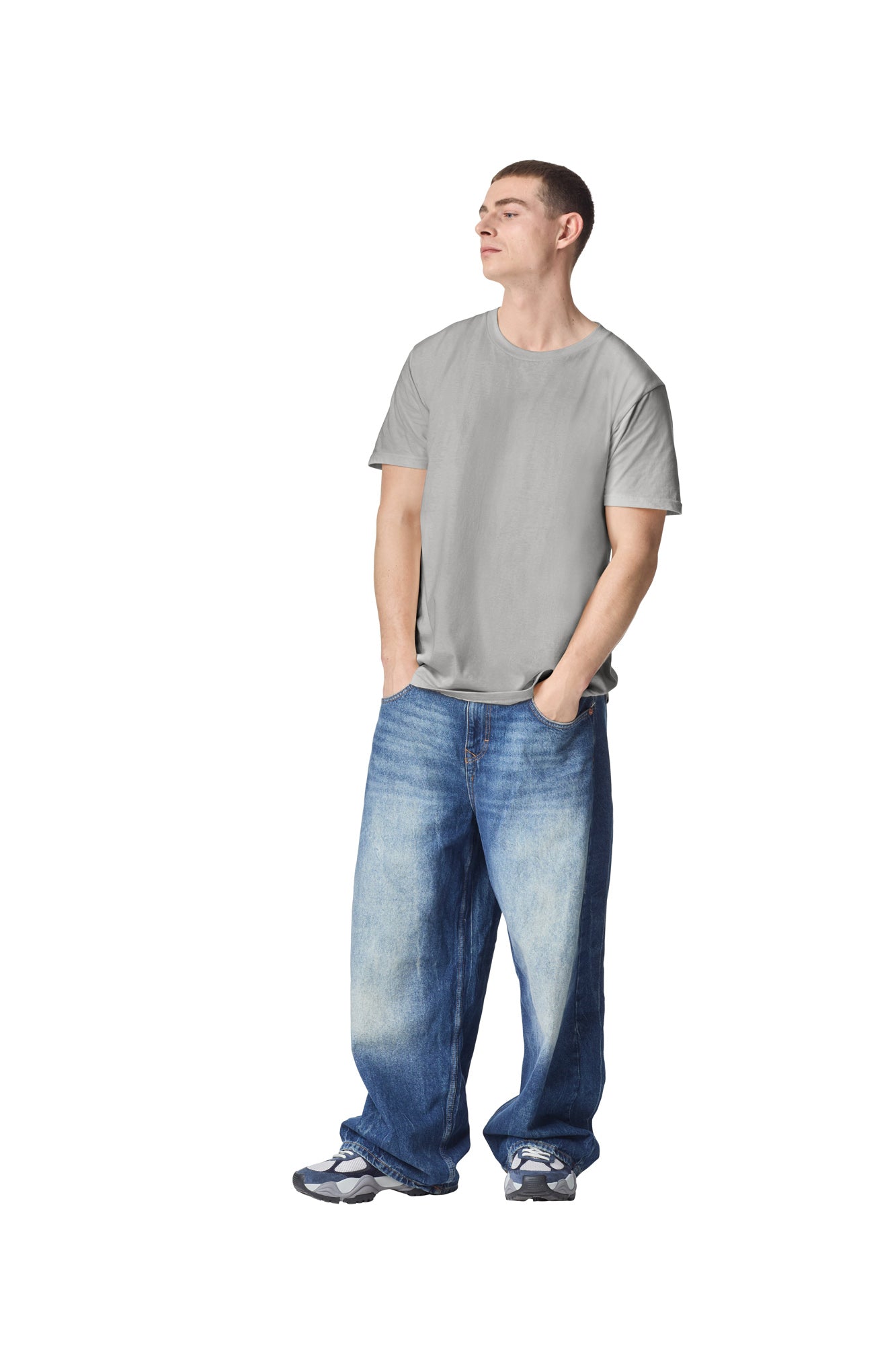 male model wearing new silver colour Fine Jersey Unisex Crew Neck Tee (full length pose) -new silver