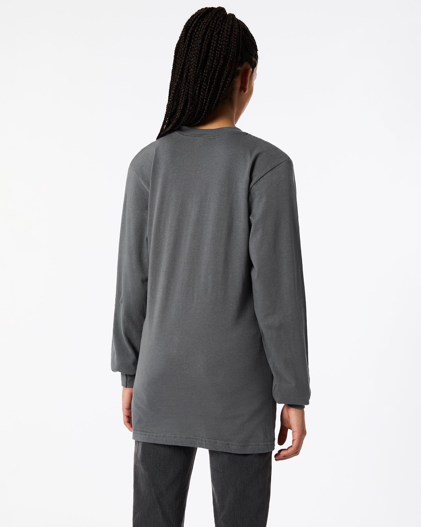 Female model wearing Asphalt Colour Fine Jersey Unisex Long Sleeve Crew Neck Tee (back pose) -asphalt
