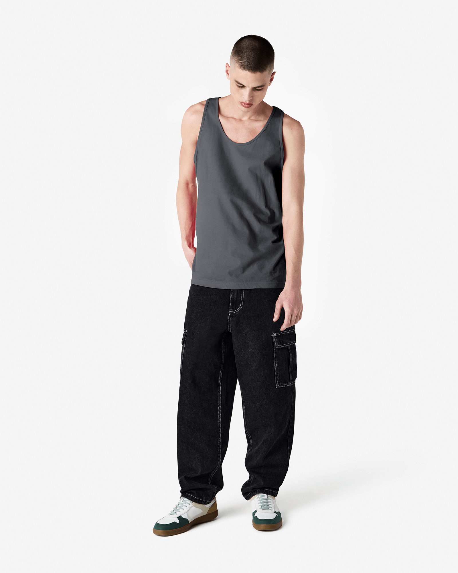 Male model wearing asphalt colour American Apparel Fine Jersey Unisex Tank Top (front pose) -asphalt