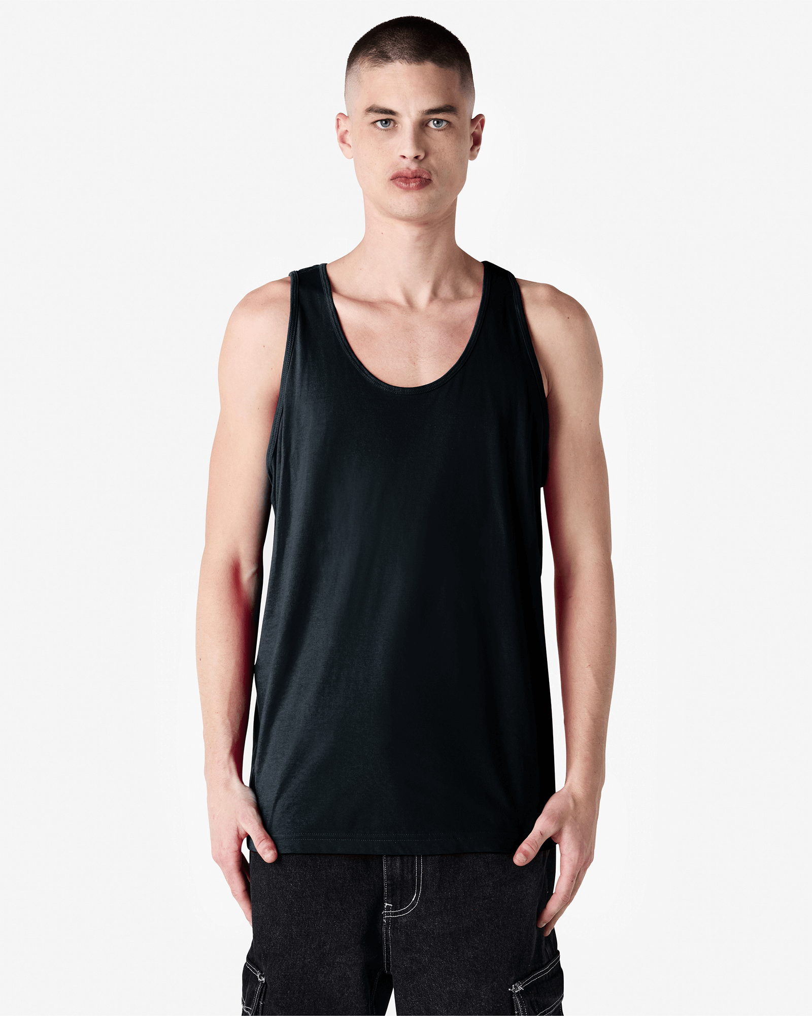 Male model wearing black colour American Apparel Fine Jersey Unisex Tank Top (front pose) -black