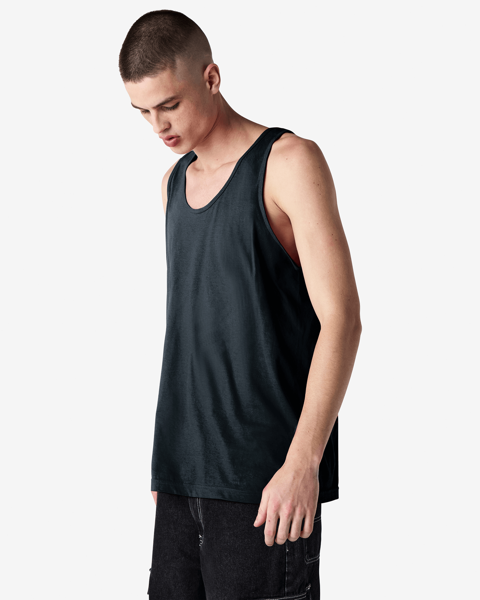 Male model wearing black colour American Apparel Fine Jersey Unisex Tank Top (side pose) -black