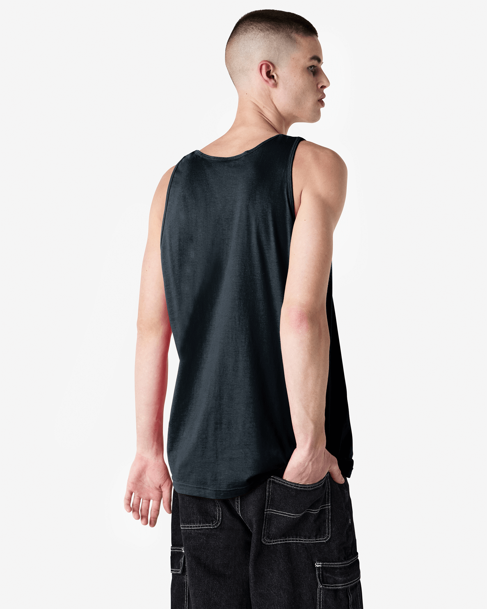 Male model wearing black colour American Apparel Fine Jersey Unisex Tank Top (back pose) -black