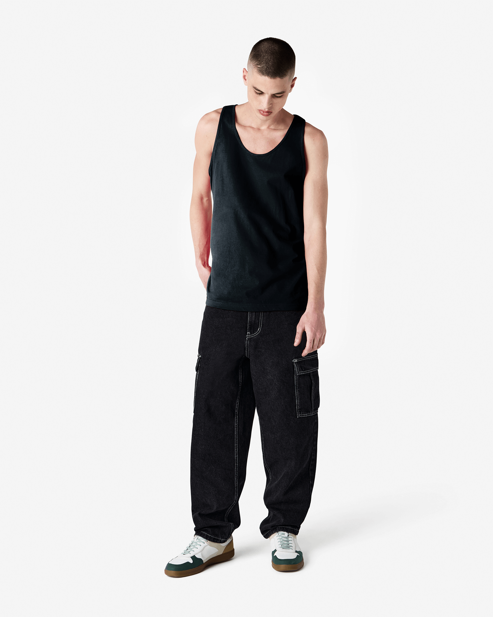 Male model wearing black colour American Apparel Fine Jersey Unisex Tank Top (front pose) -black