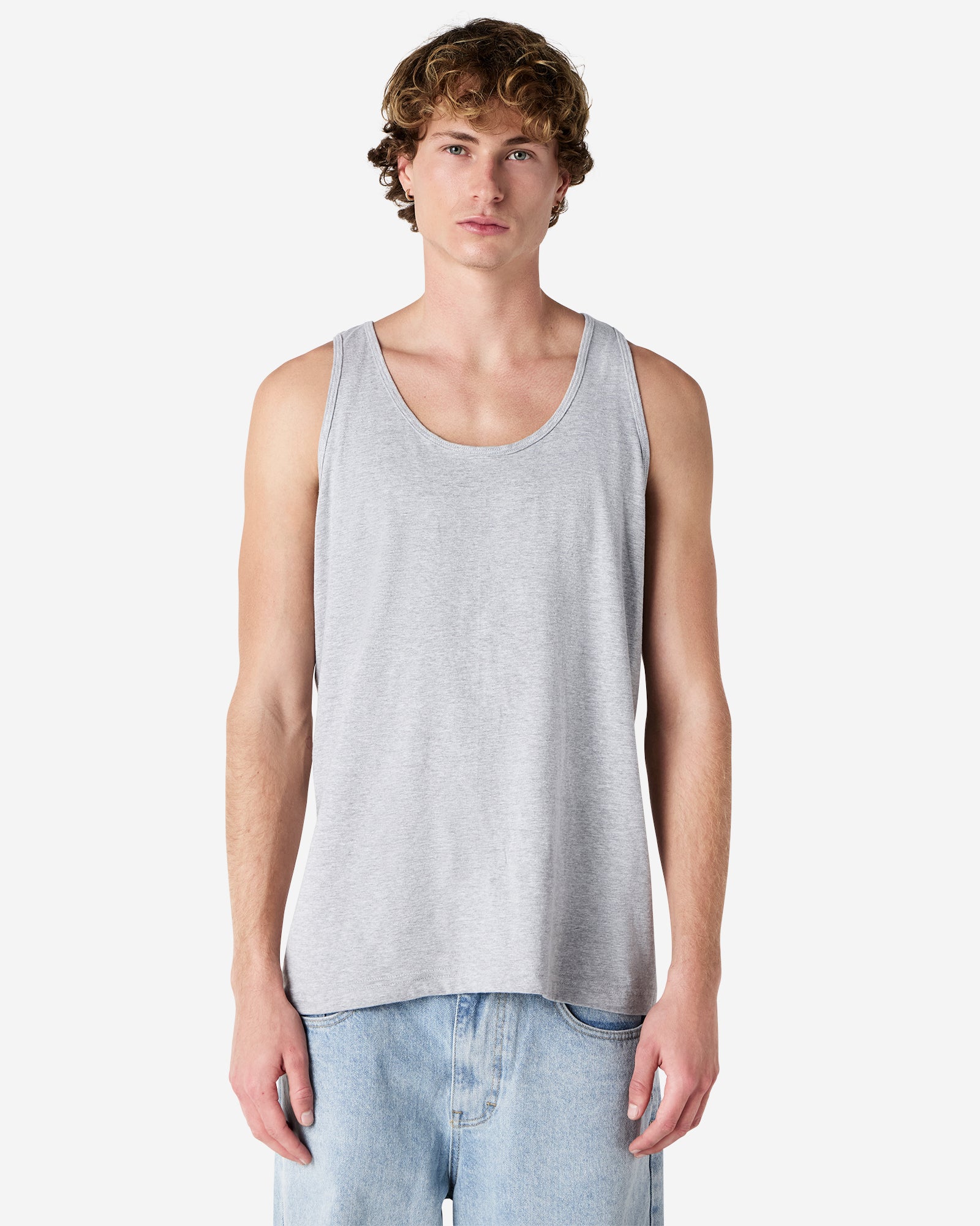 Male model wearing heather grey colour American Apparel Fine Jersey Unisex Tank Top (front pose) -heather grey