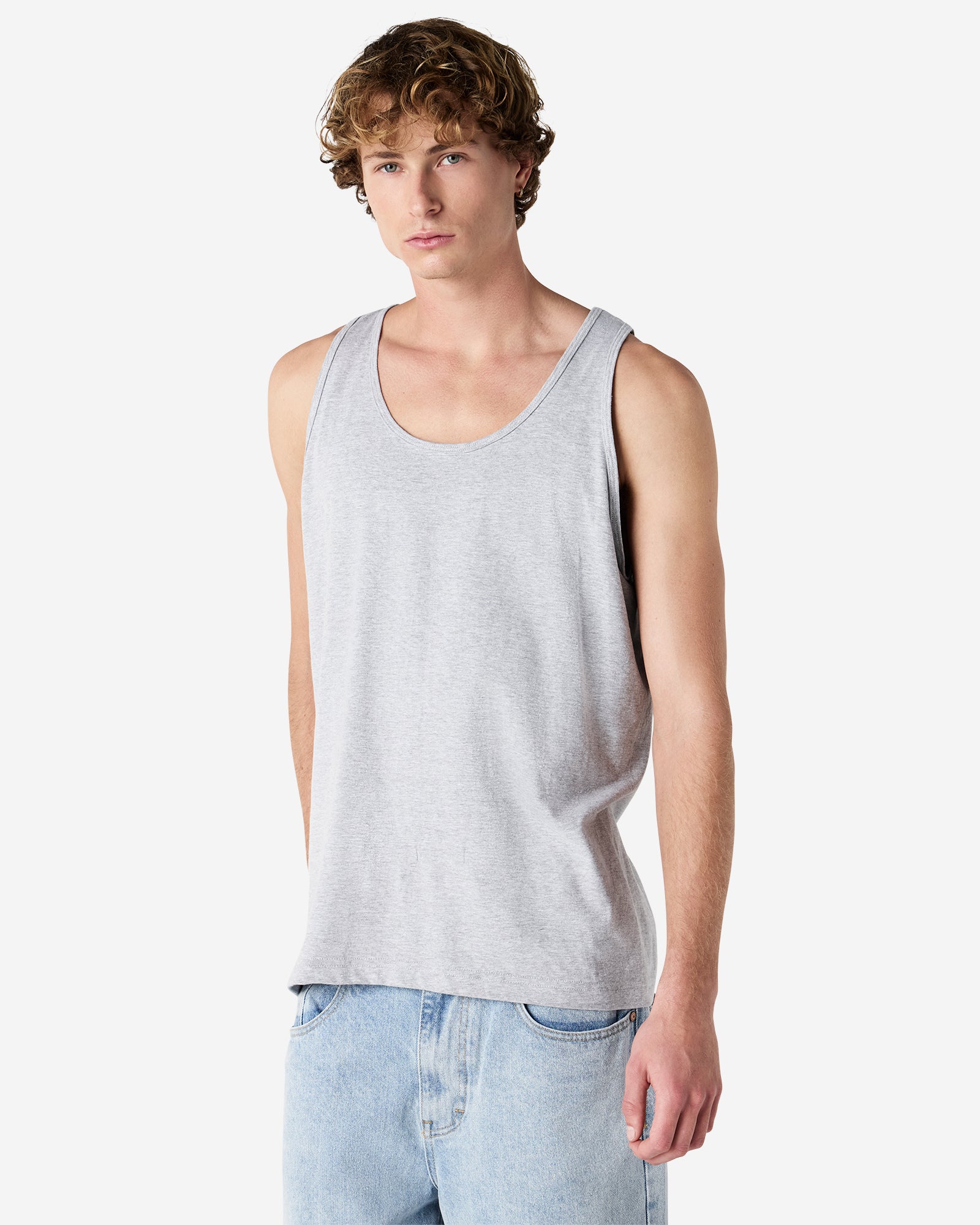 Male model wearing heather grey colour American Apparel Fine Jersey Unisex Tank Top (front pose)-heather grey