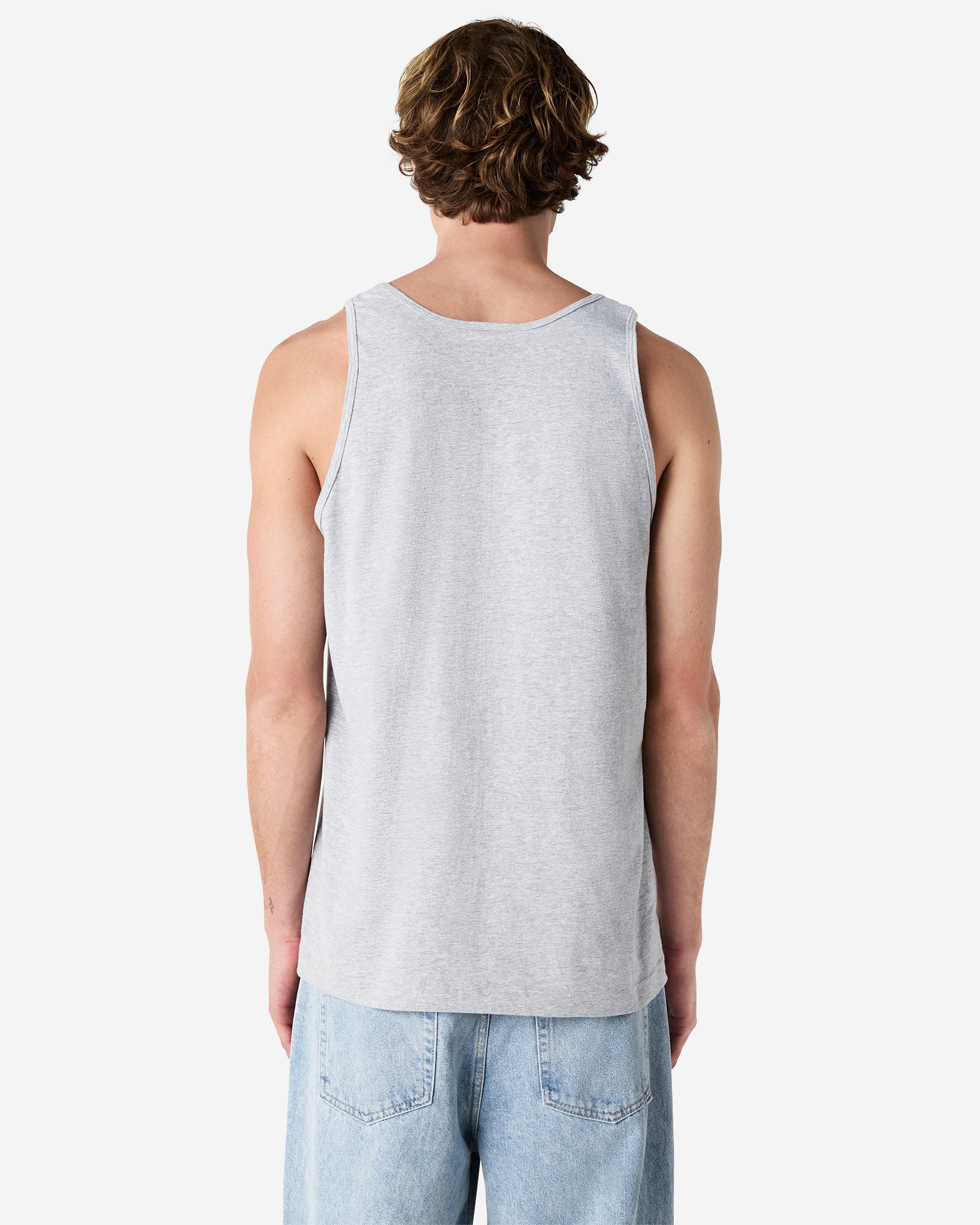 Male model wearing heather grey colour American Apparel Fine Jersey Unisex Tank Top (back pose)-heather grey