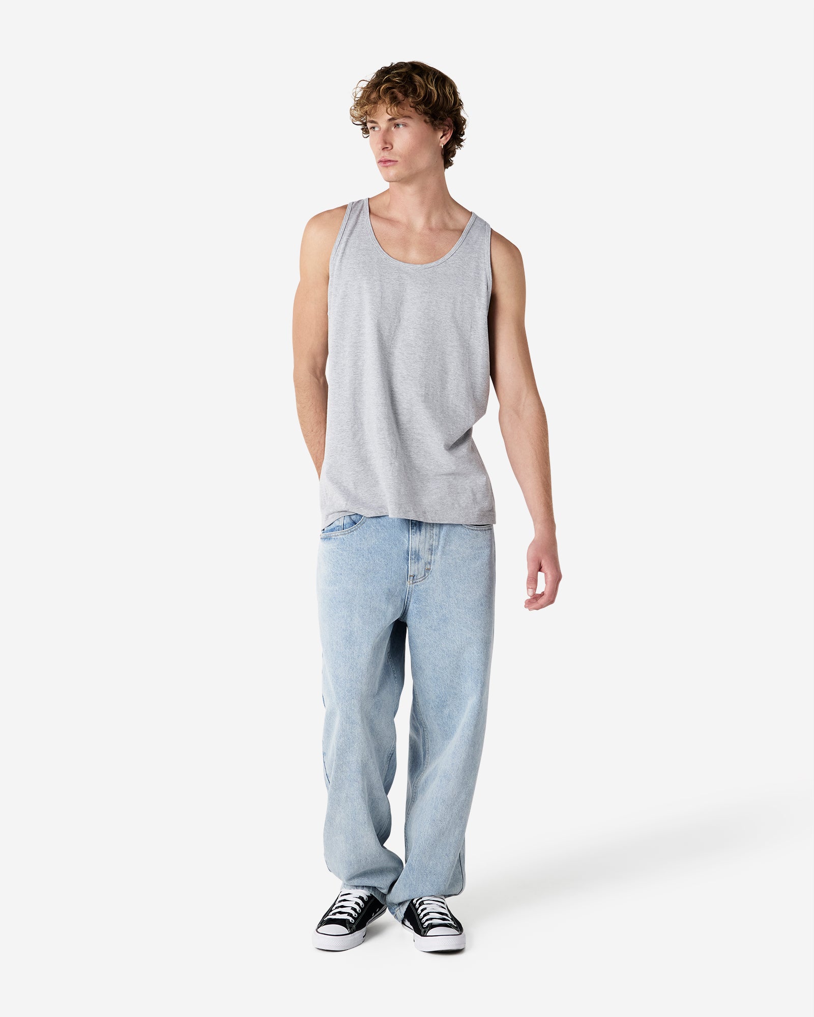 Male model wearing heather grey colour American Apparel Fine Jersey Unisex Tank Top (front pose)-heather grey