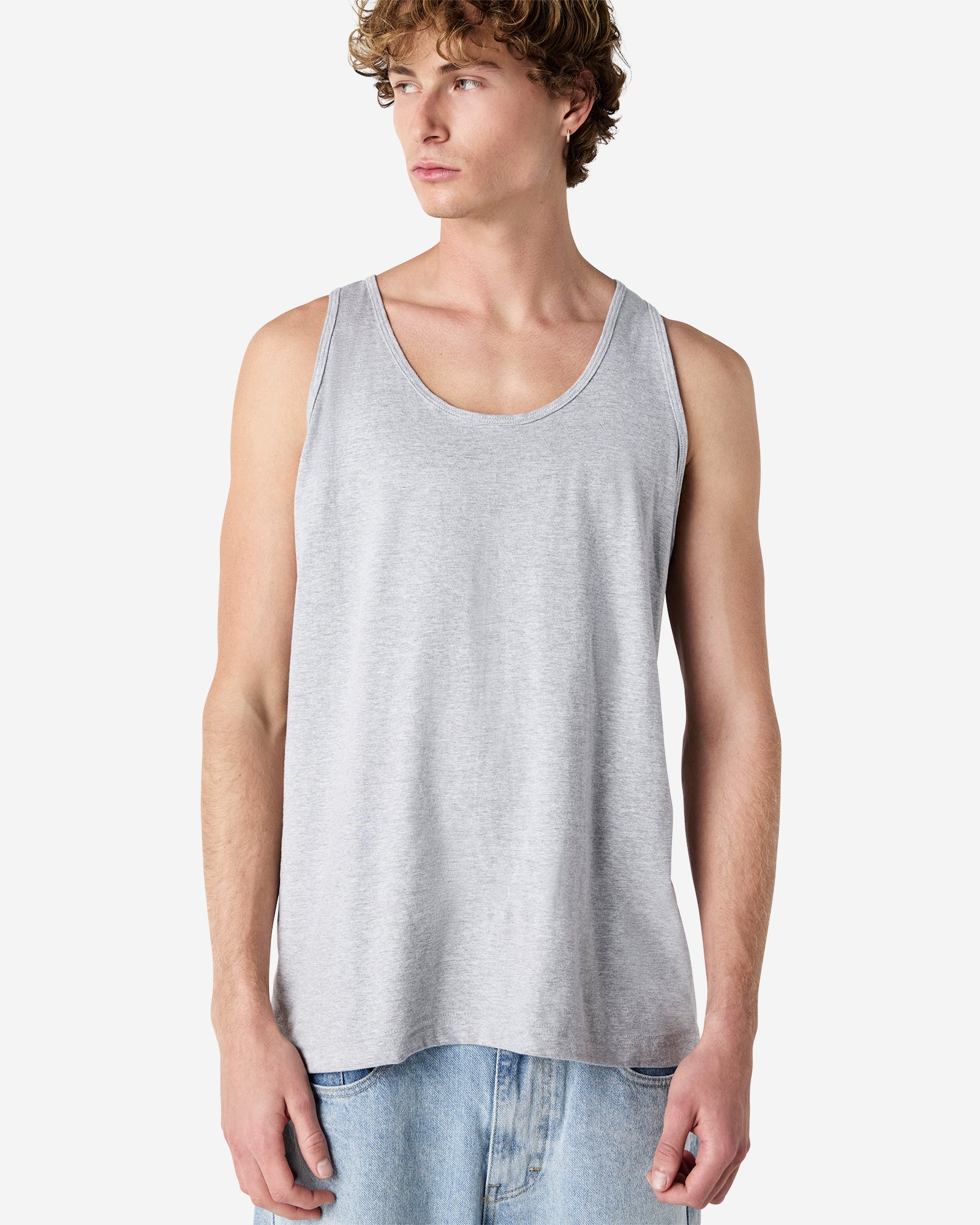 Male model wearing heather grey colour American Apparel Fine Jersey Unisex Tank Top (front pose)-heather grey