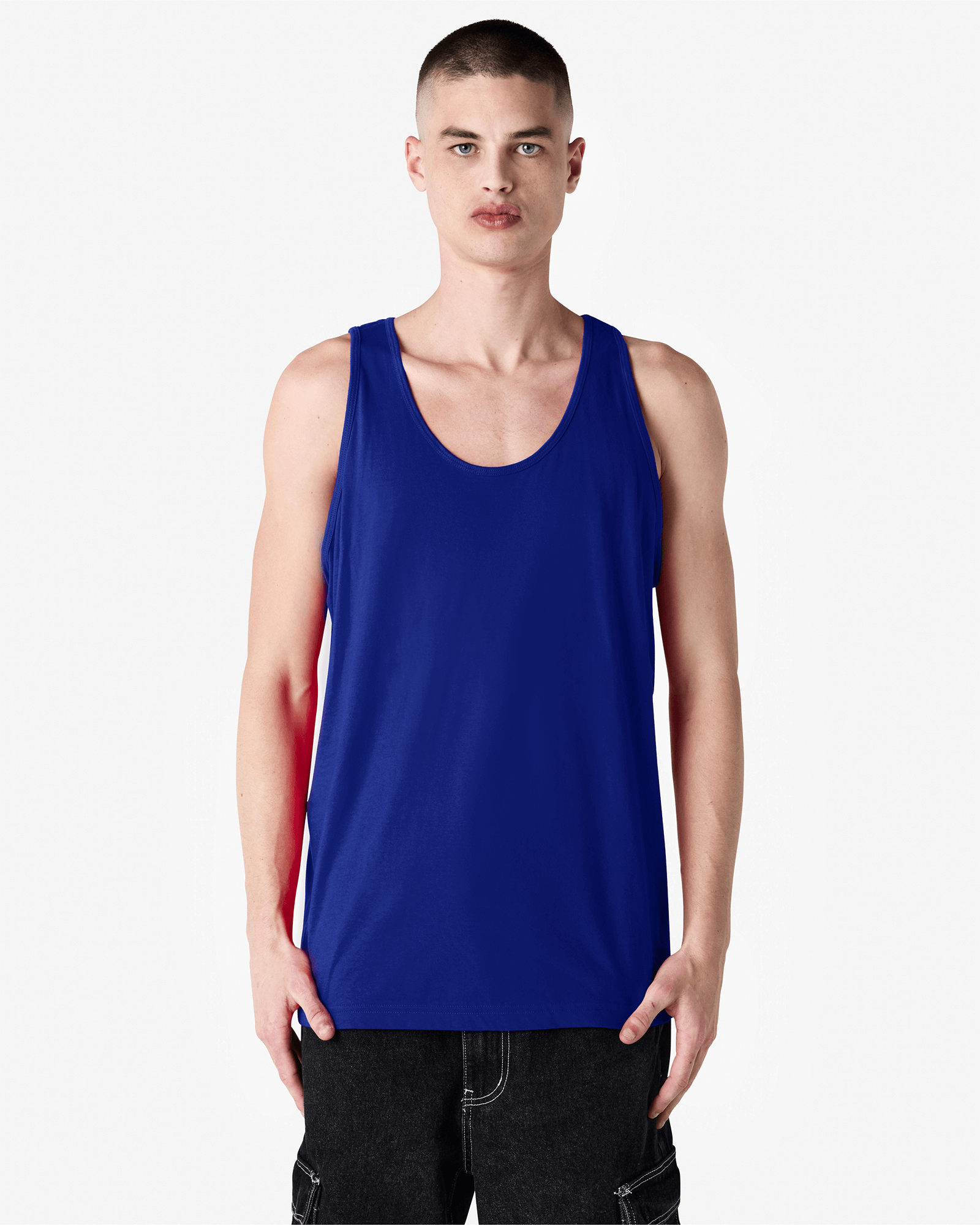 Male model wearing lapis colour American Apparel Fine Jersey Unisex Tank Top (front pose) -lapis