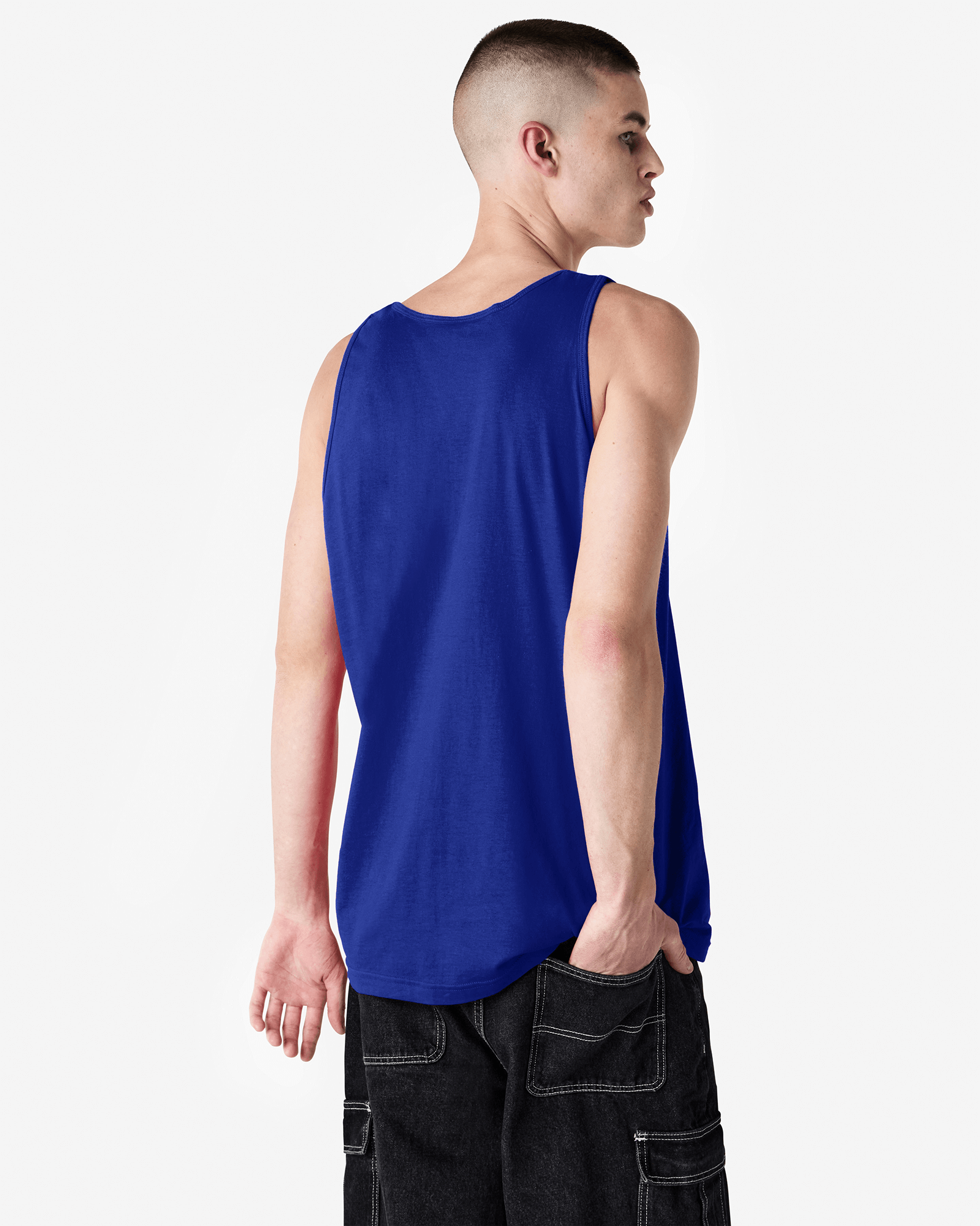 Male model wearing lapis colour American Apparel Fine Jersey Unisex Tank Top (back pose) -lapis