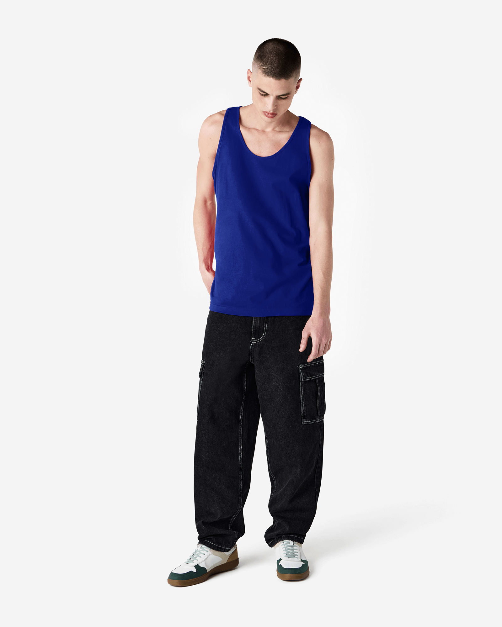 Male model wearing lapis colour American Apparel Fine Jersey Unisex Tank Top (front pose) -lapis