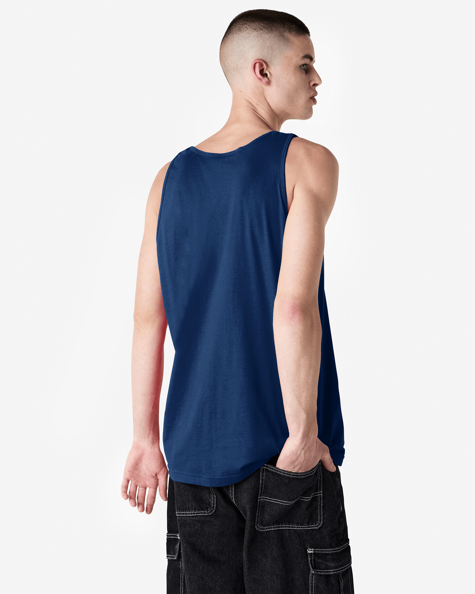 Male model wearing navy colour American Apparel Fine Jersey Unisex Tank Top (back pose) -navy